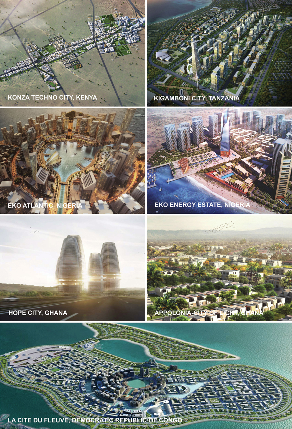 Depuis le pic de la bulle immobilière mondiale en 2004/2005, un nombre croissant de propositions pour des villes nouvelles spéculatives est apparu en Afrique. Dans le sens des aiguilles d’une montre depuis le haut à droite : Kigamboni New City – Dar es Salam, Tanzanie (Kigamboni Development Agency) ; Eko Energy Estate – Lagos, Nigeria (MZ Architects) ; Appolonia City of Light – Accra, Ghana (Reandevour) ; La Cité du Fleuve – Kinshasa, D.R.C. (HawkWood Properties) ; Hope City – Accra, Ghana (