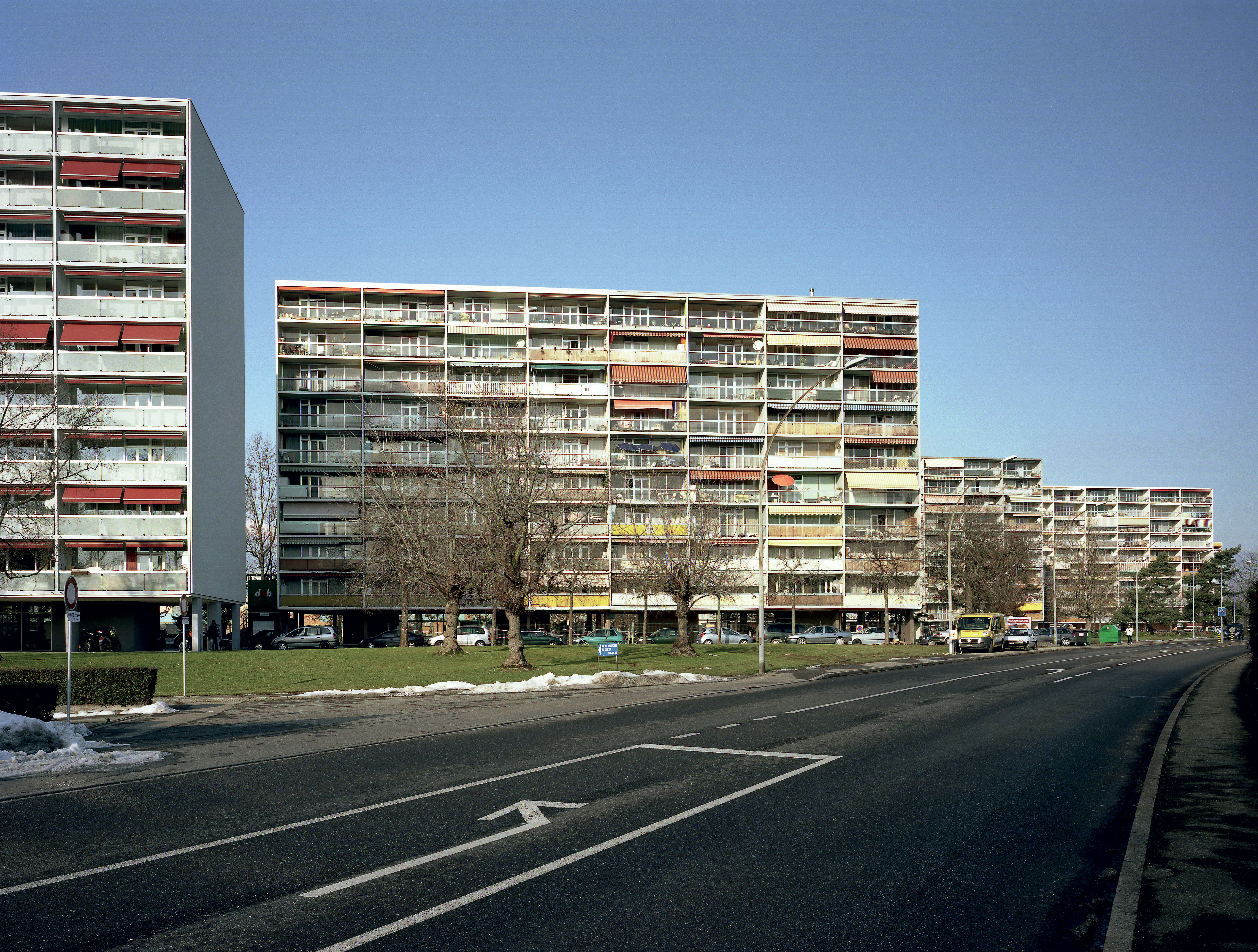 Georges Addor, Jacques Bolliger, Louis Payot, opérations Meyrin-Parc et Cité Ciel Bleu, cité-satellite de Meyrin, Genève, 1960-1964