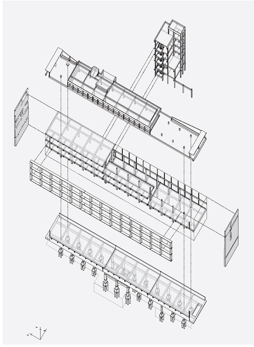 EPFL-ENAC-SAR, Atelier Graf (Franz Graf, professeur ; Yvan Delemontey, Stephan Rutishauser, Michael Wyss, assistants), usine Claude et Duval, usine textile de Le Corbusier à Saint-Dié-des-Vosges, relevé, axonométrie de la structure porteuse, étudiante Marina Capelli