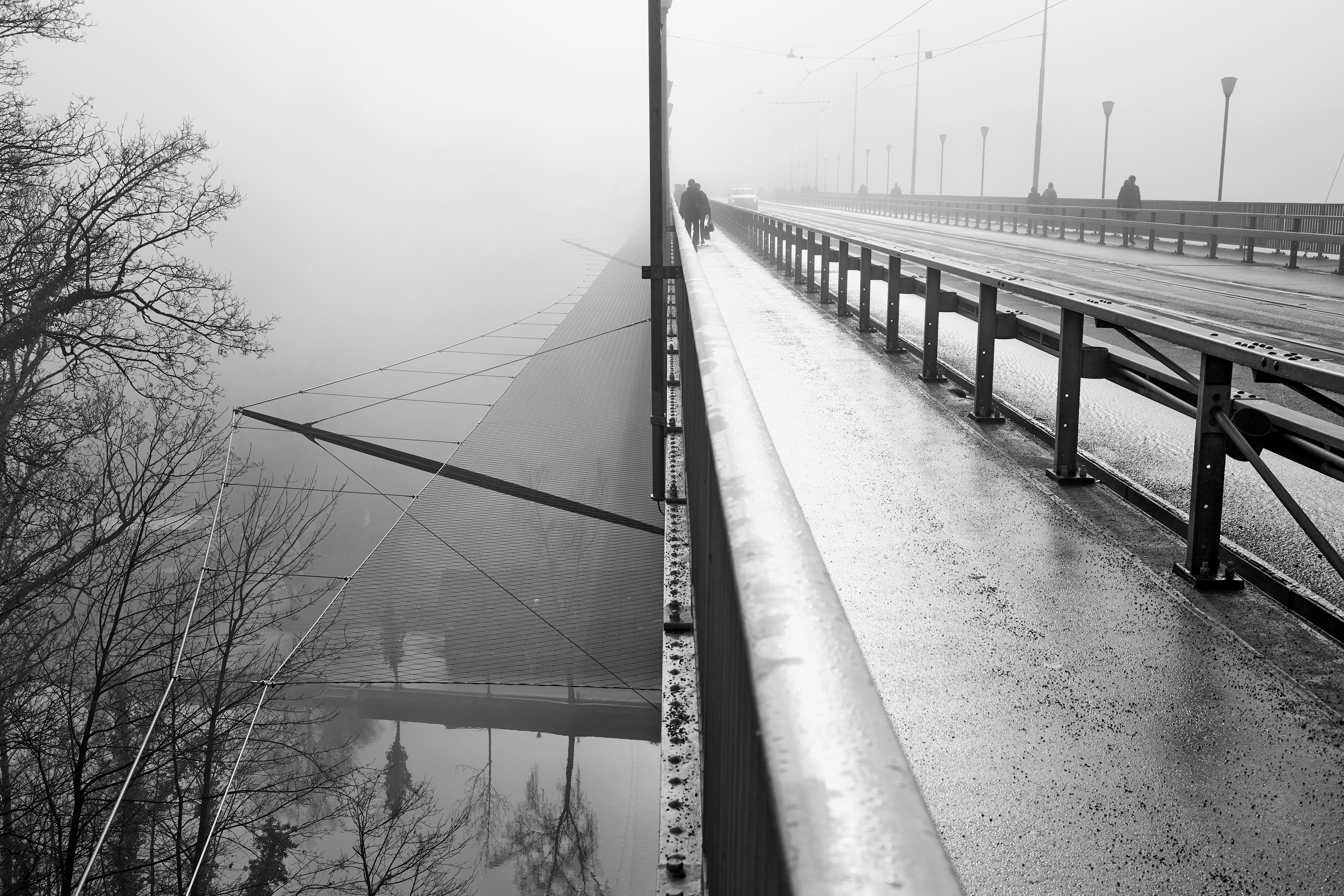 Das Fangnetz an der Kirchenfeldbrücke als kontinuierliches Band: Im weitmaschigen Edelstahlseilnetz (Maschen: 180 × 313 mm; 3 mm Drahtseile) sind die Maschen hülsenlos zusammengeflochten. Einzelne Netzteile (parabelförmiges Schnittmuster) sind mit Verpresshülsen auf der Baustelle zusammengefügt worden und können künftig ausgetauscht werden.