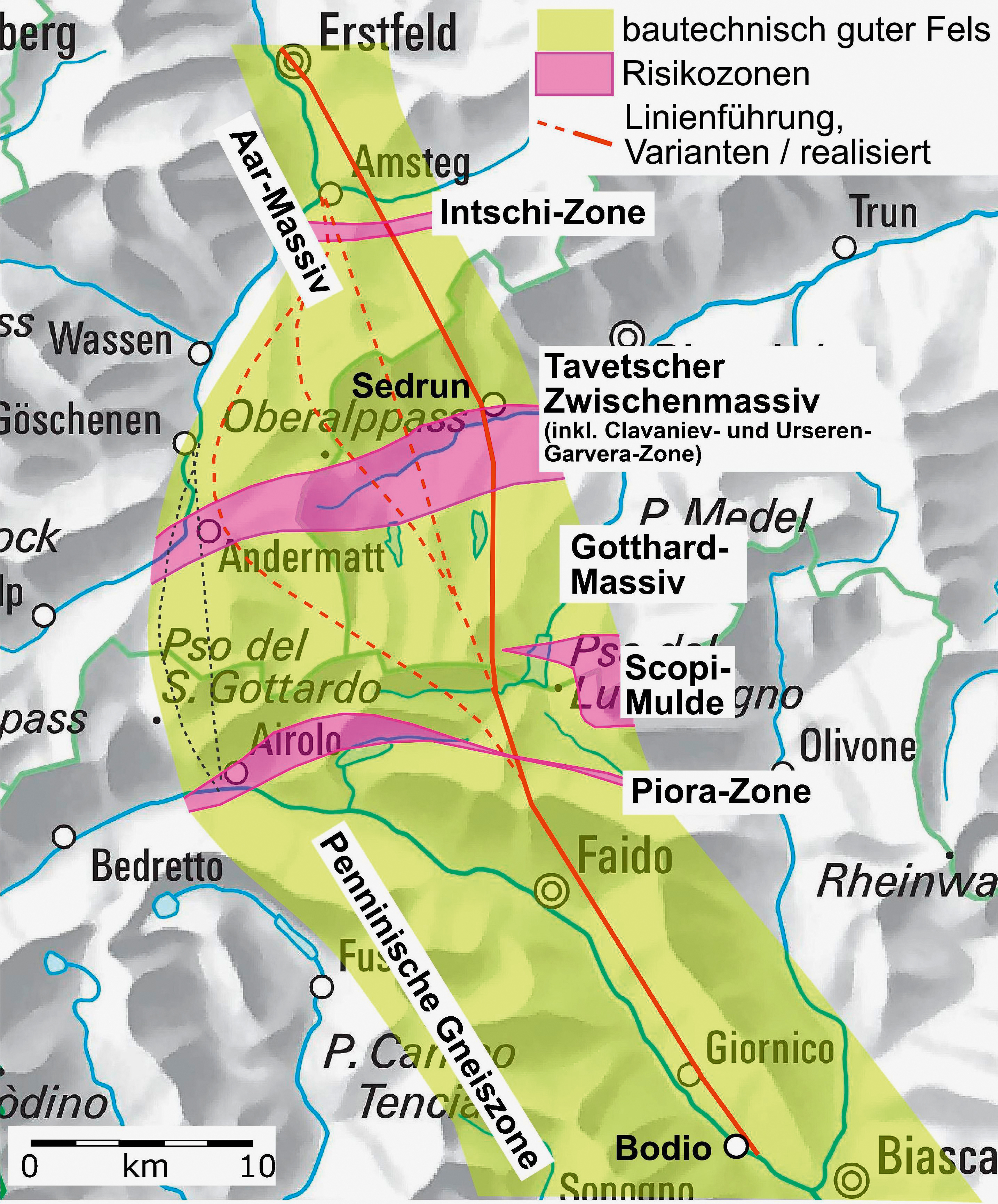 Die Linienführung des Gotthard-Basistunnels berücksichtigt Aspekte von Geologie, Topografie, Stauseen und Bautechnik.