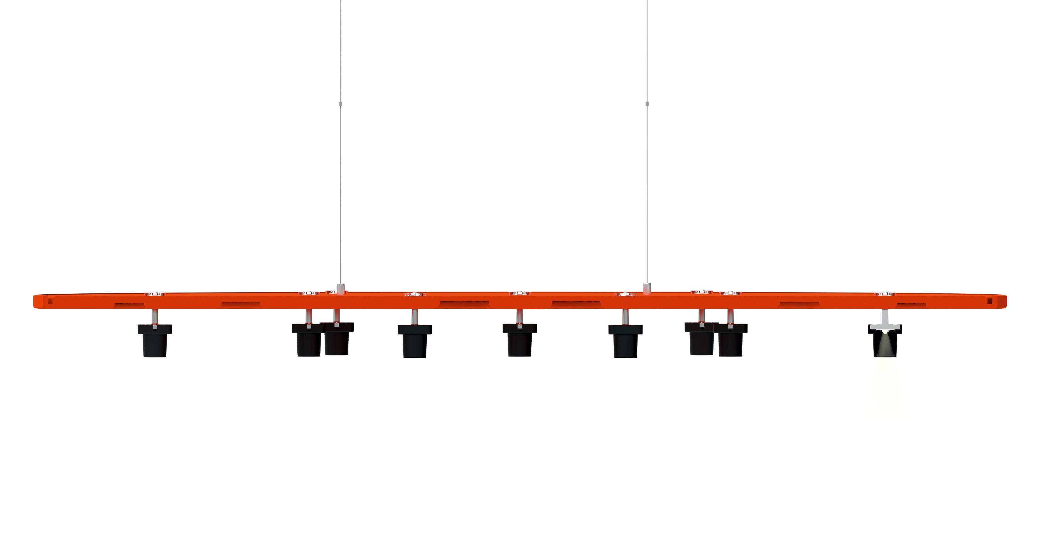 Akustisch wirksame Beleuchtung: Eine schallabsorbierende Oberfläche trägt zwölf kleine, um 30° ausrichtbare LED-Spots – Silent Field von Artemide.