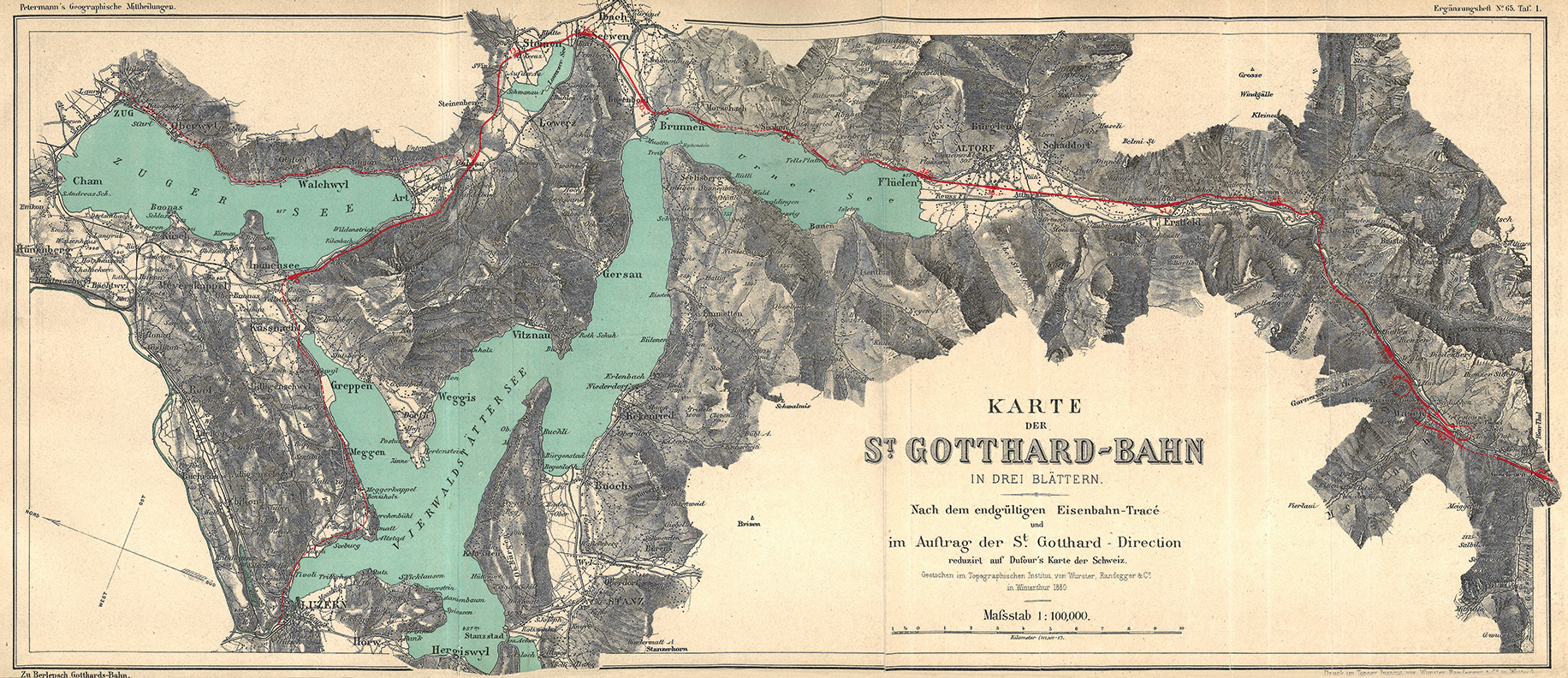 Una pianta geografica (composta di 3 parti) della linea del San Gottardo nel 1880, in cui è evidenziato il tunnel ferroviario del San Gottardo.