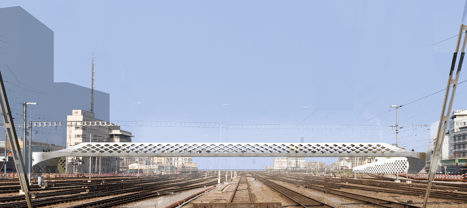 Das britisch-französische Team Flint &amp; Neill Limited und Explorations Architecture gewannen den Wettbewerb für den Negrellisteg mit einer monolithischen Röhre aus Ultra-Hochleistungs-Faserbeton.