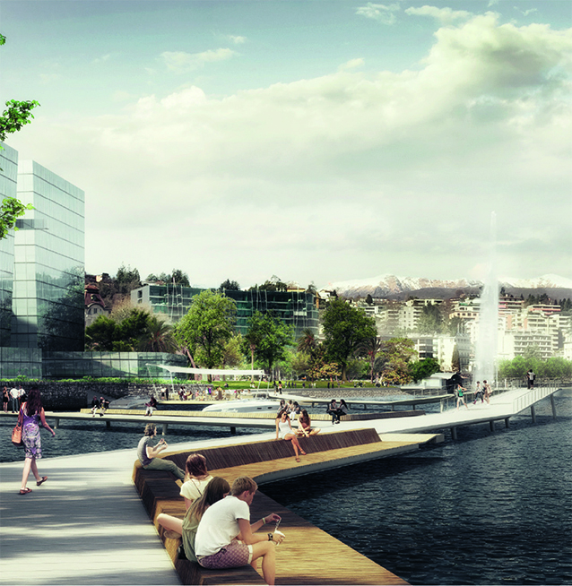 Fotorender della passeggiata a lago. Team raccomandato per l'attribuzione del mandato: Team Paradiso Architetto: Jachen Konz architetto Lugano; Architetto paesaggista: Studio Vulkan, Zurigo; Ingegnere civile: Staubli Kurath und Partner, Zurigo.