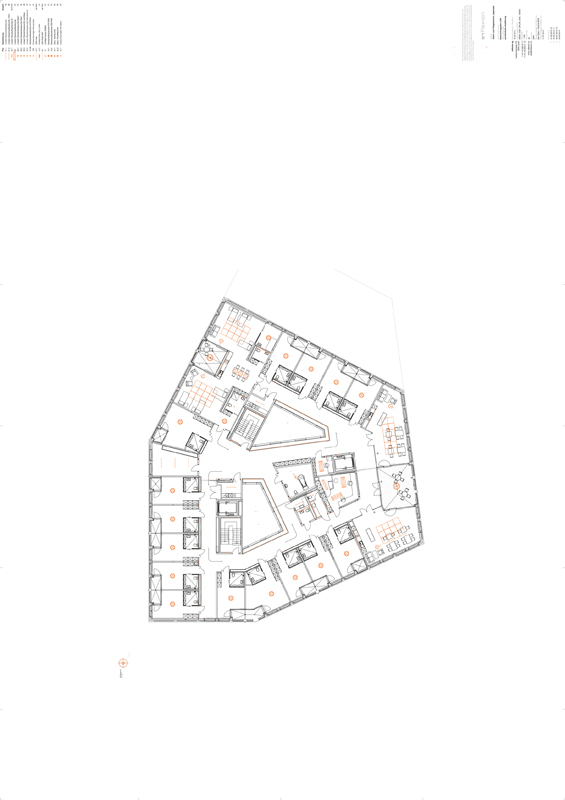 Alterszentrum Appenzell, Grundriss 3. OG, mit dynamischen Lichtdecken in den Aufenthaltsräumen (rechts), in der Pflegeoase (links) sowie dynamischen Einzelleuchten im Stationszimmer (Mitte).