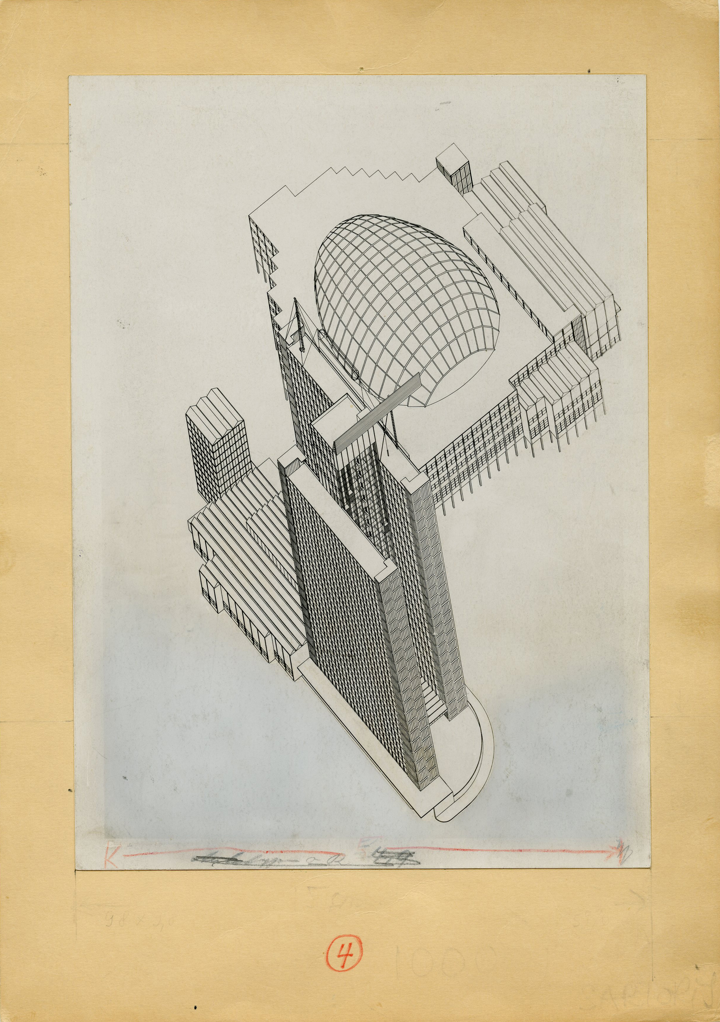 Hannes Meyer und Hans Wittwer. Projekt zum Wettbewerb für den Sitz der UNO in Genf (Wettbewerb 1927). Axonometrie (Fotografie auf Papier).