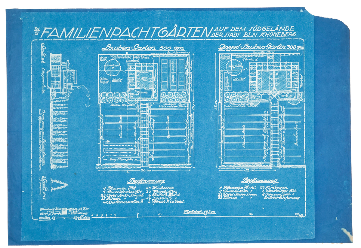 Restaurierter Originalplan von Leberecht Migge: Familiengärten auf dem Südgelände der Stadt Berlin-Schöneberg.