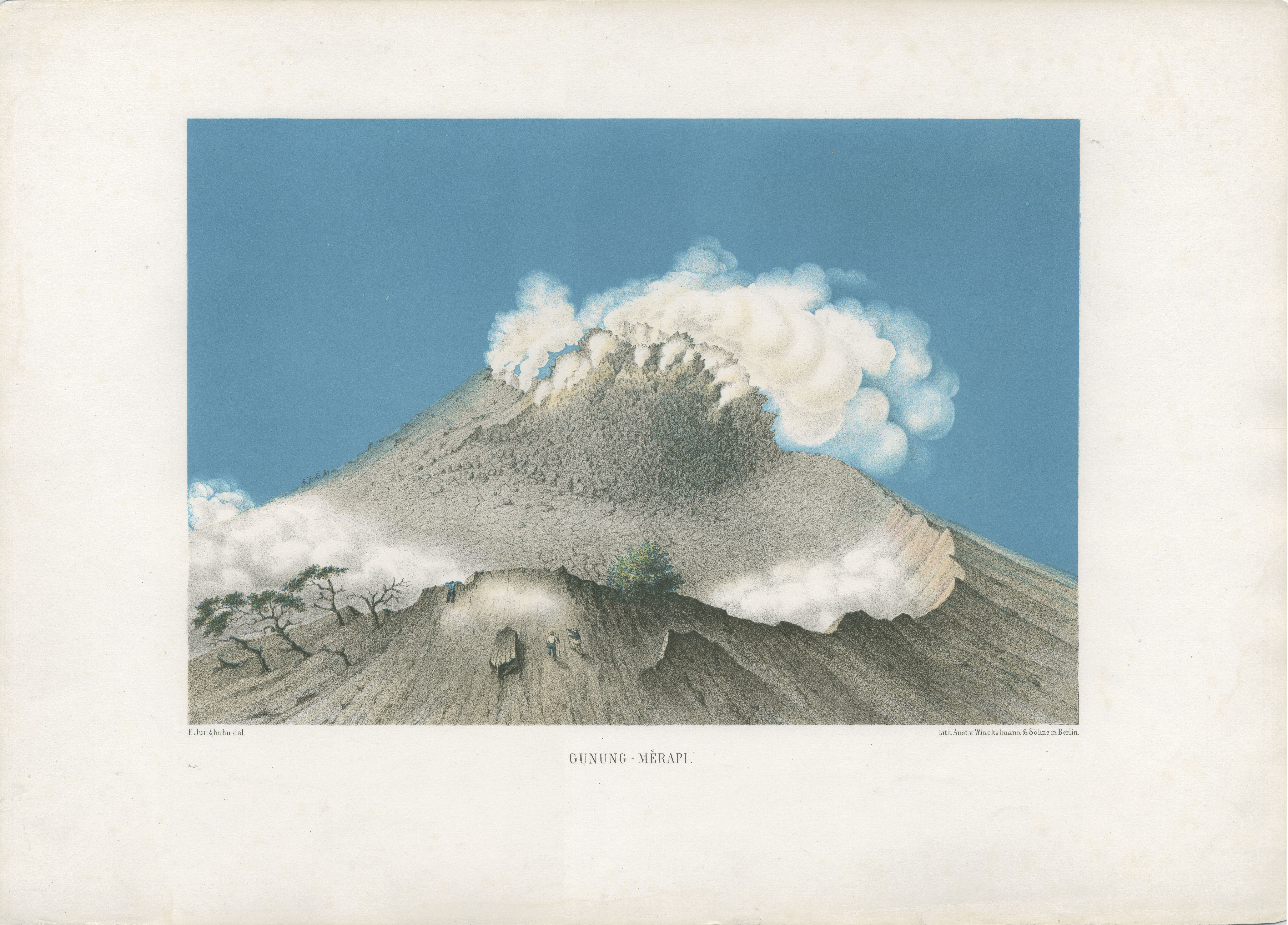 Franz Wilhelm Junghuhn. Gunung Merapi, dans Java-Album. Landschafts-Ansichten von Java, nach der Natur aufgenommen, Leipzig, Arnoldische Buchhandlung, 1856. Lithographie, 53,0 × 37,7 cm.