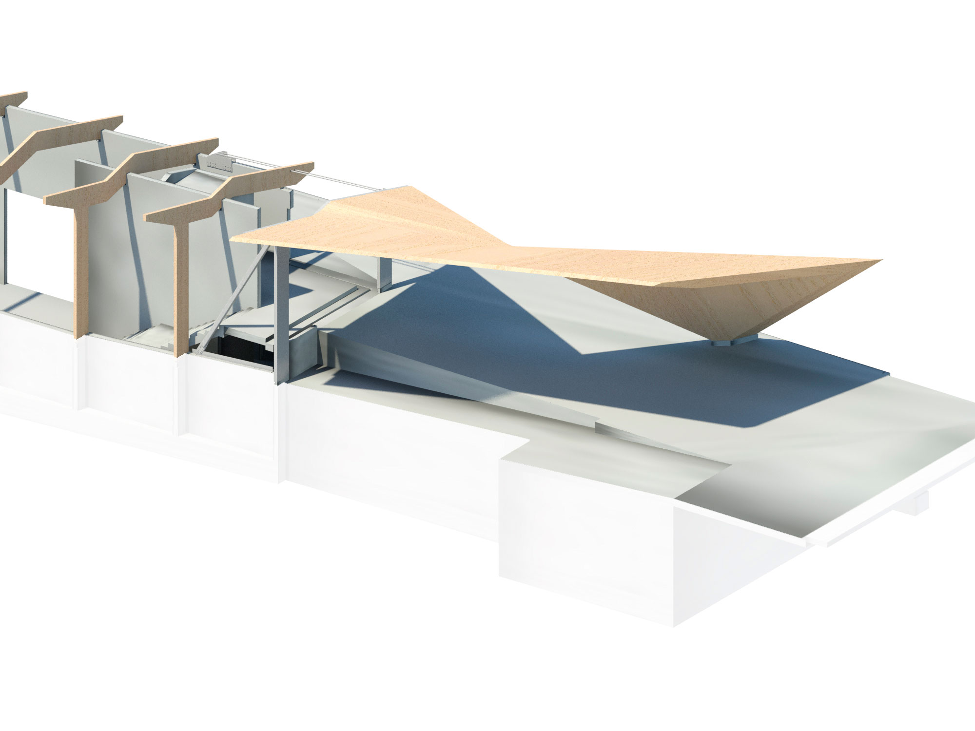 Vue 3D de la structure plissée en bois massif de la toiture nord