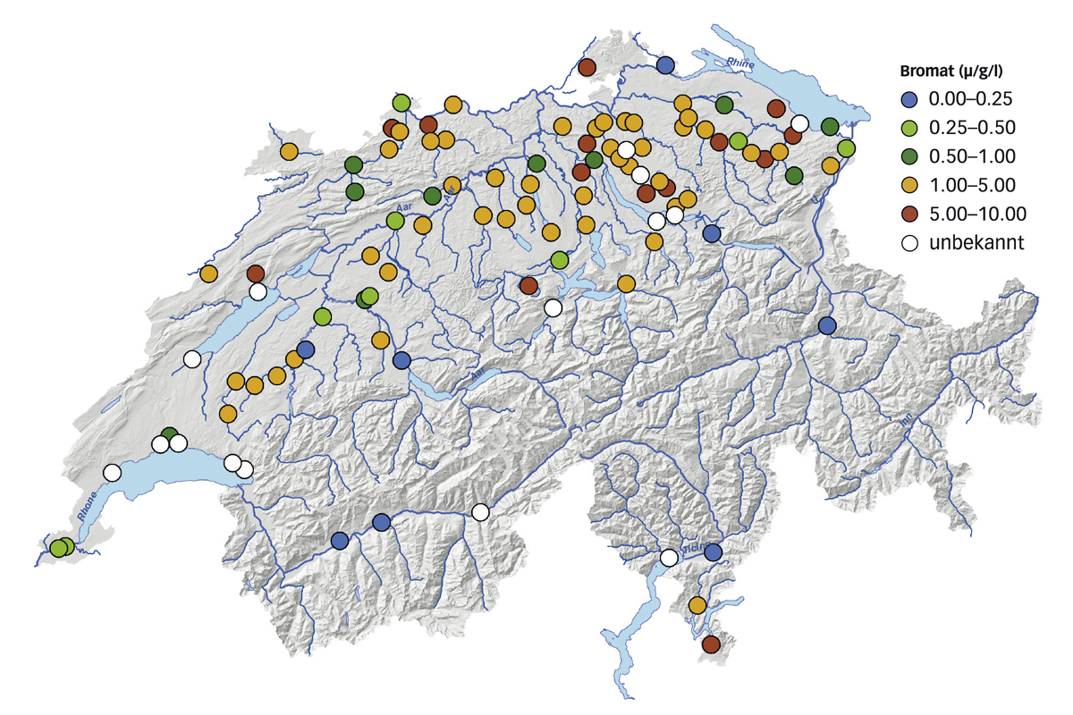 Geschätzte Zunahme der Bromatkonzentrationen in Gewässern bei trockenem Wetter (Worst-Case-Szenario).