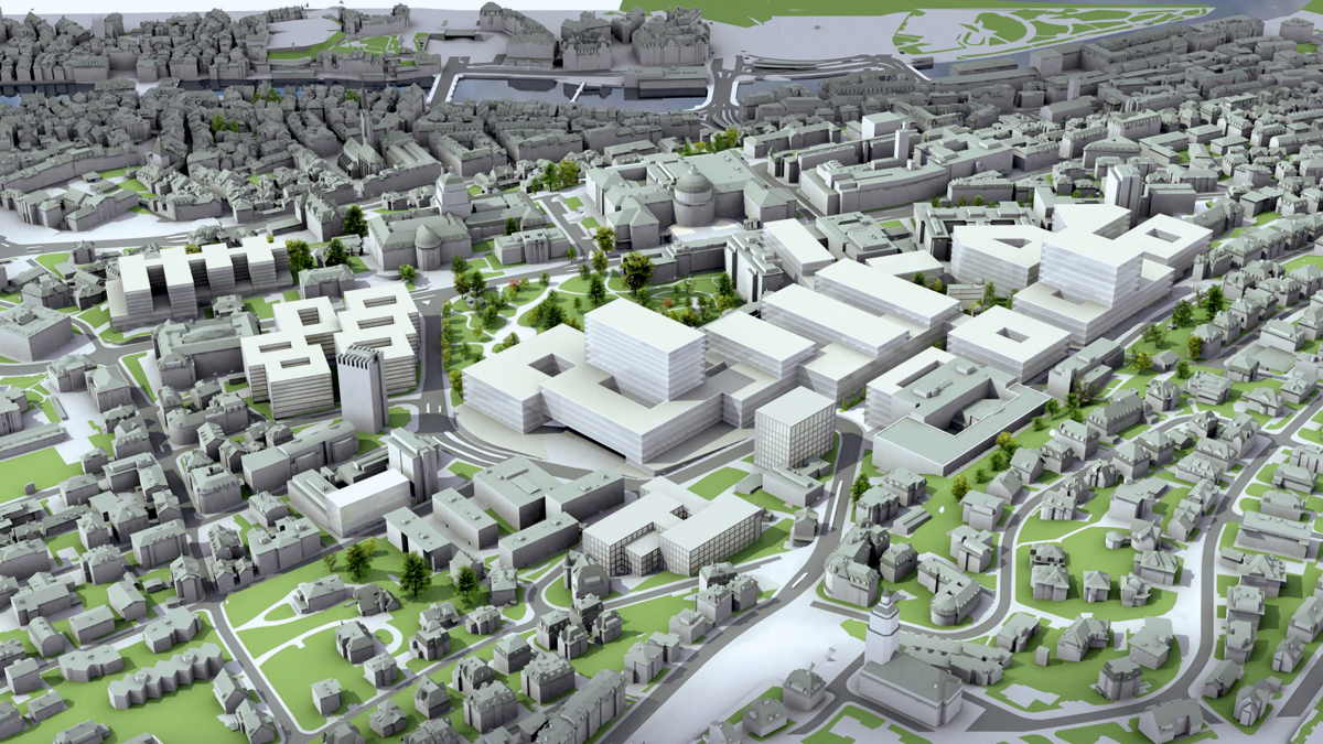 Planung Hochschulquartier Zürich, Visualisierung der maximalen Gebäudevolumen, Stand Vertiefungsstudien 2014.