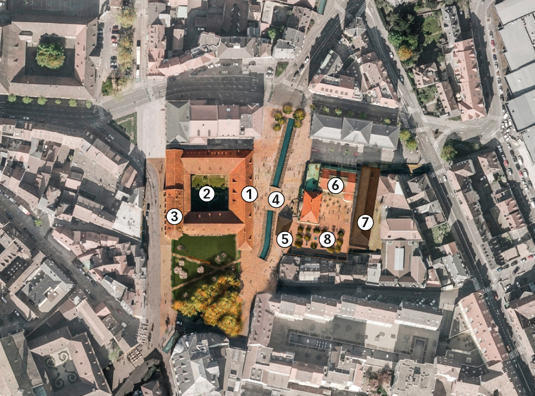 Museum Unterlinden in der Altstadt von Colmar: links das Kloster, rechts das neue Ensemble. 1 Eingang, 2 Kloster mit Kreuzgang, 3 Kapelle, 4 Place Unterlinden mit Canal de la Sinn (Umbau) und darunter liegendem Verbindungstrakt «Galerie» (Neubau), 5 «Haus» (Neubau), 6 ehemalige kommunale Bäder (Umbau), 7 Trakt «Ackerhof» (Neubau), 8 Hof (Neuanlage).
