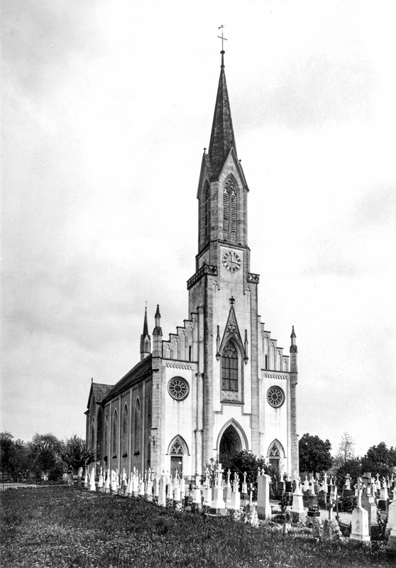 Historische Aussenansicht der Kirche in Bünzen, erbaut 1860–62 nach Plänen des Architekten Caspar Joseph Jeuch.