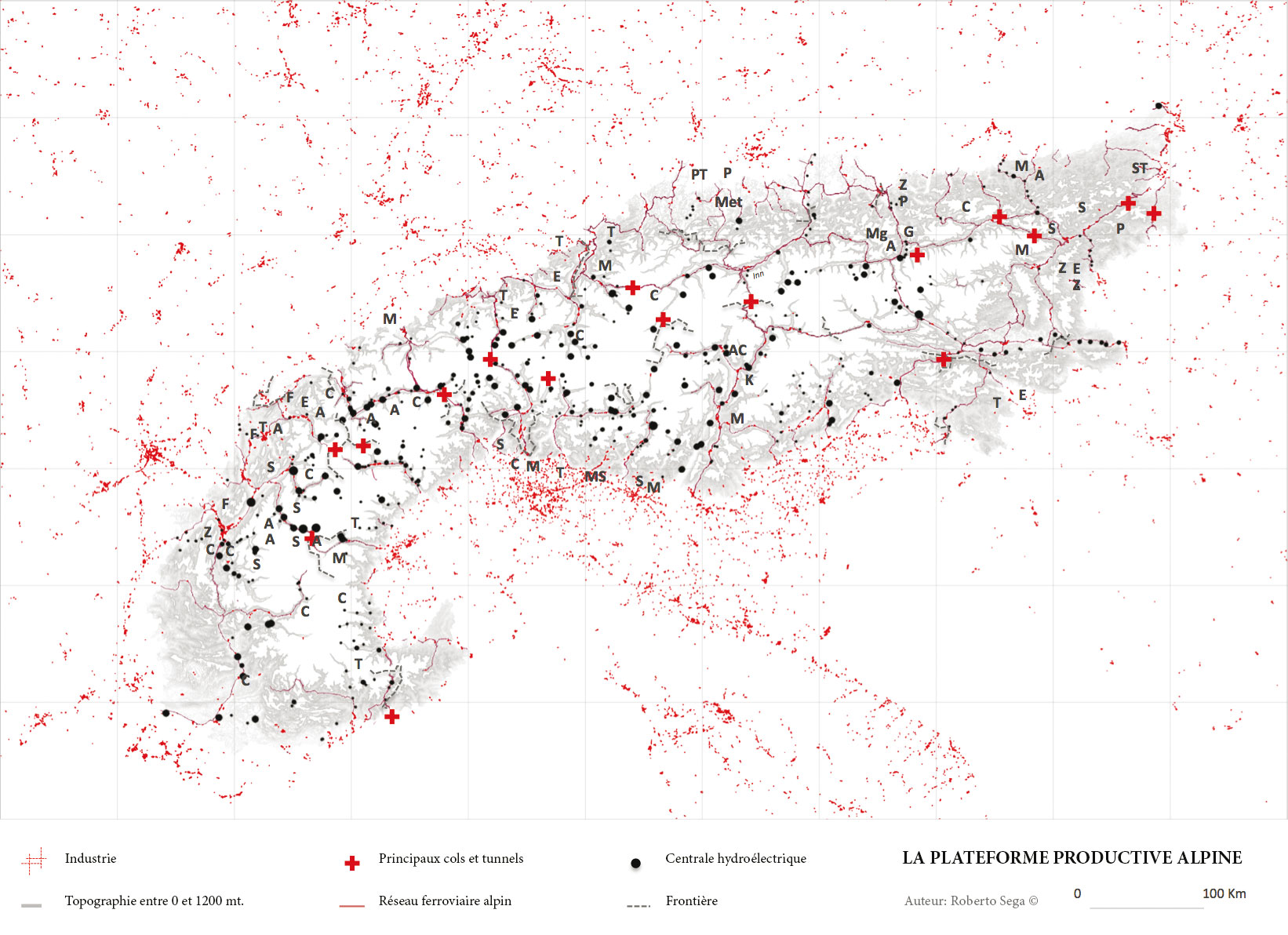 La plateforme productive alpine [cartographie élaborée par l’auteur en utilisant les bases de données suivantes : Corine Land Cover 2006 (eea) pour les zones industrielles, OSM pour les infrastructures, DTM (EC) pour la topographie, Alpine Convention (EURAC) pour l’hydroélectricité. Pour les régions industrielles : source principale Birkenhauer (A : aluminium ; C : chimique, électrochimique ; E : électronique ; F : mécanique de précision ; G : verrerie; Met : métallurgie ; Mg : magnésie ; M