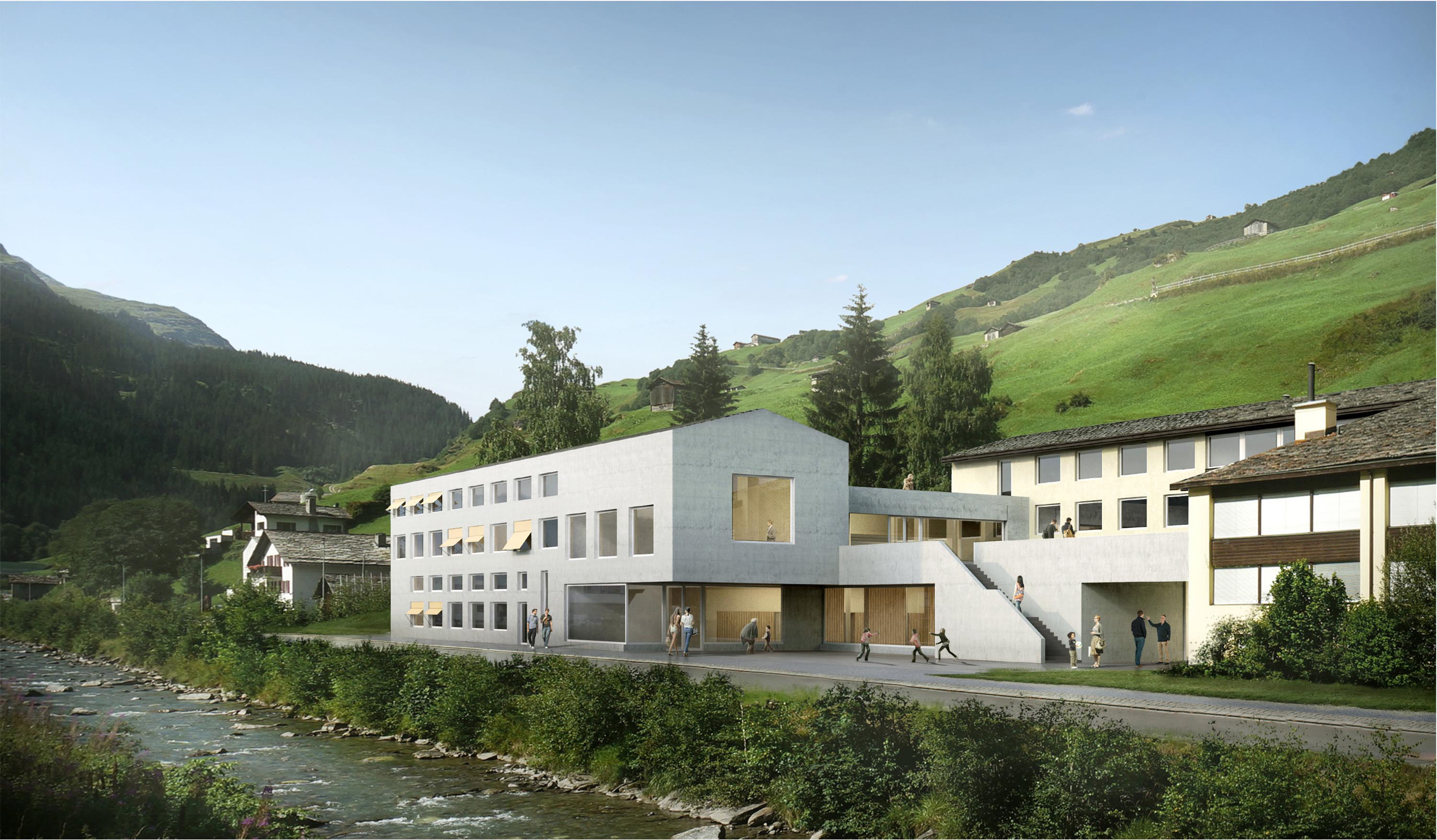 Der siegreiche Entwurf «Follow-me» platziert die neuen Volumen parallel zum Rhein. Die Halle bleibt am ursprünglichen Ort, die Gesundheitsbereiche liegen im Erdgeschoss des neuen Riegels.