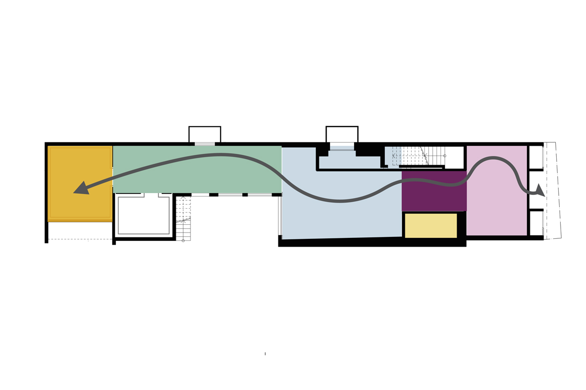 Grundriss mit Raumzonen (v. r. n. l.): Entrée, Durchgang/Kinderecke, Plauderei, Durchgang, Leseecke.