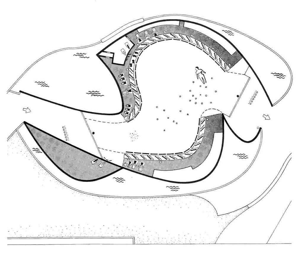 Plan du Pavillon Philips. Les « murs du son » camouflés dans l’épaisseur du voile de béton (Philips Technical Review)