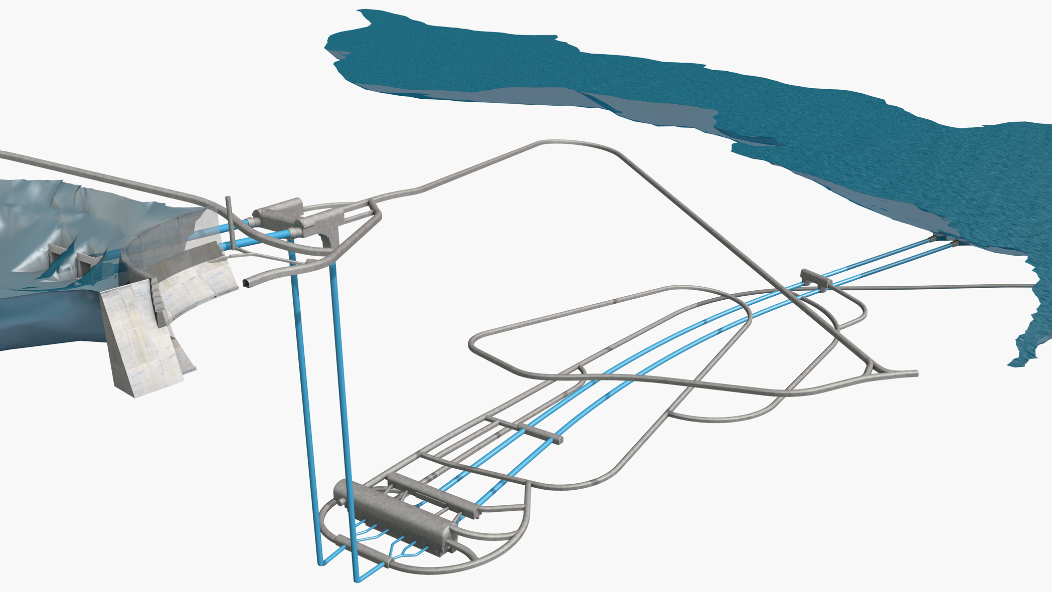 Vue d’ensemble des ouvrages souterrains du projet de pompage-turbinage de Nant de Drance : 1. Caverne des vannes supérieures de sécurité (deux vannes de type papillon) 2. Deux voies d’eau indépendantes 3. Trois pompes-turbines par voie d’eau 4. Galeries d’accès 5. Cavernes des machines et des transformateurs 6. Caverne des vannes inférieures de sécurité (deux vannes wagon combinées à des vannes à glissière)