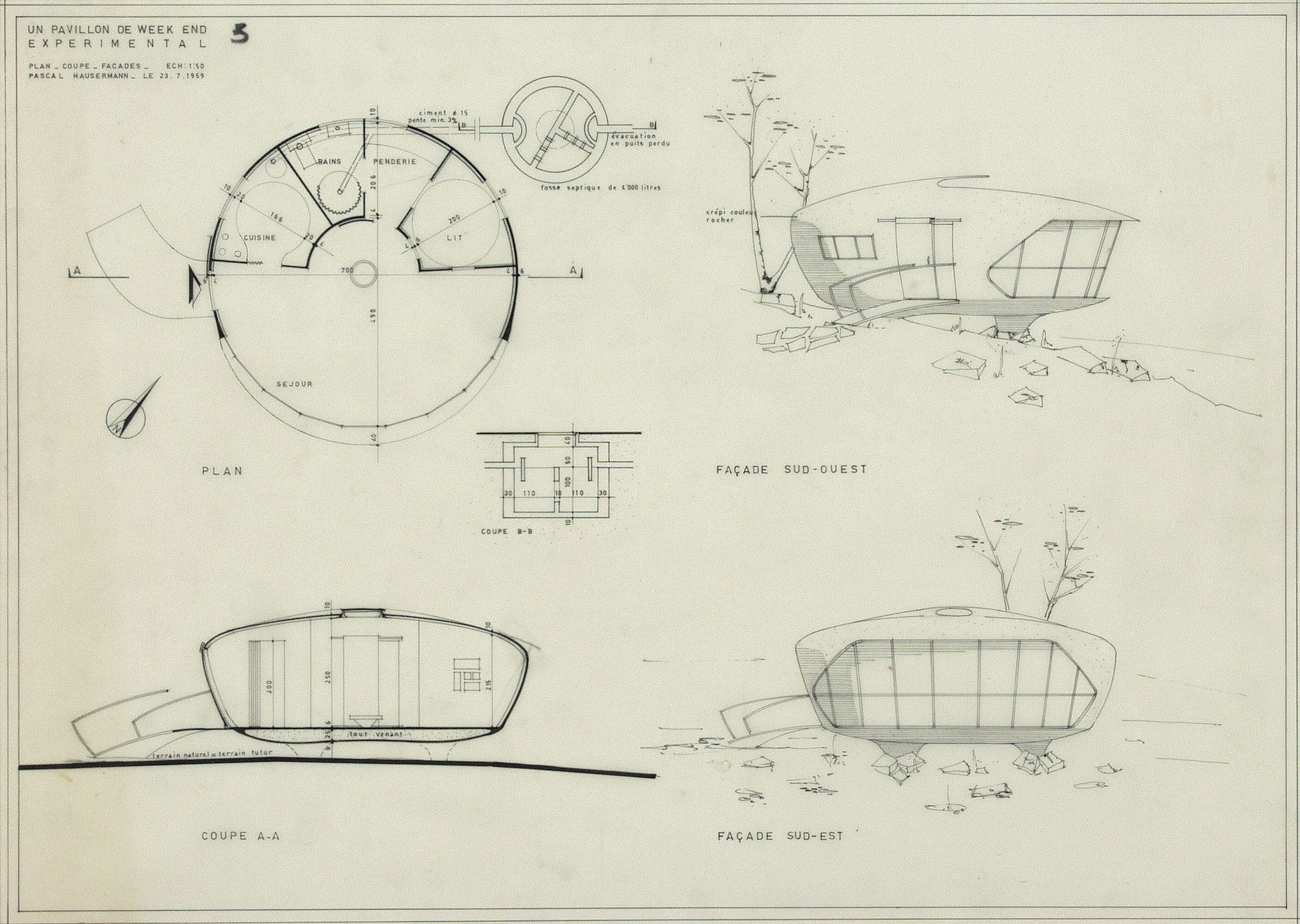 Pascal Häusermann, pavillon de week-end expérimental, Grilly, 1959. Plan, coupe, façade, dessin, encre sur calque