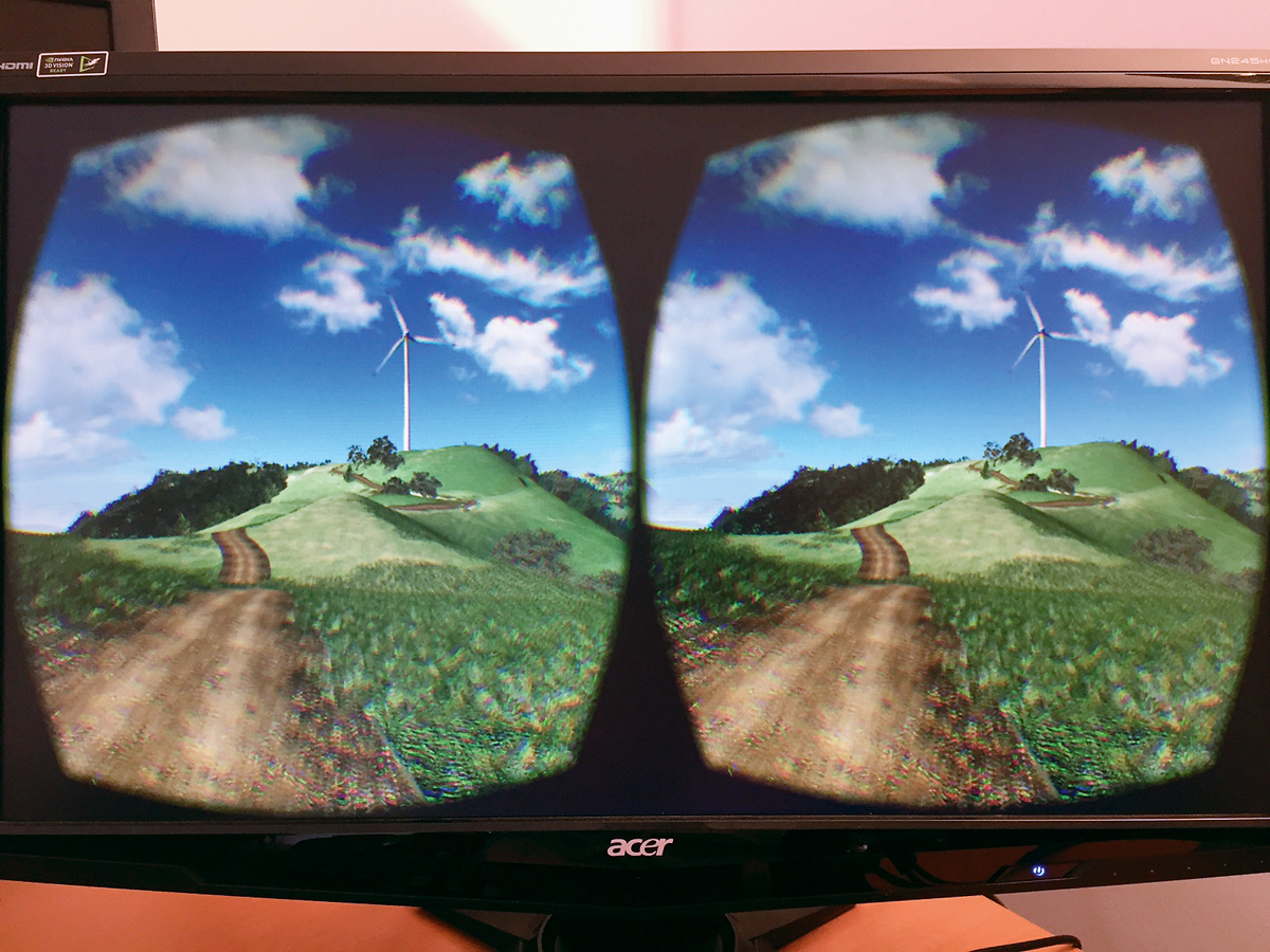 Virtual-Reality-Szene eines Windparks, gesehen durch eine VR-Brille, erstellt mit der Software CryEngine.
