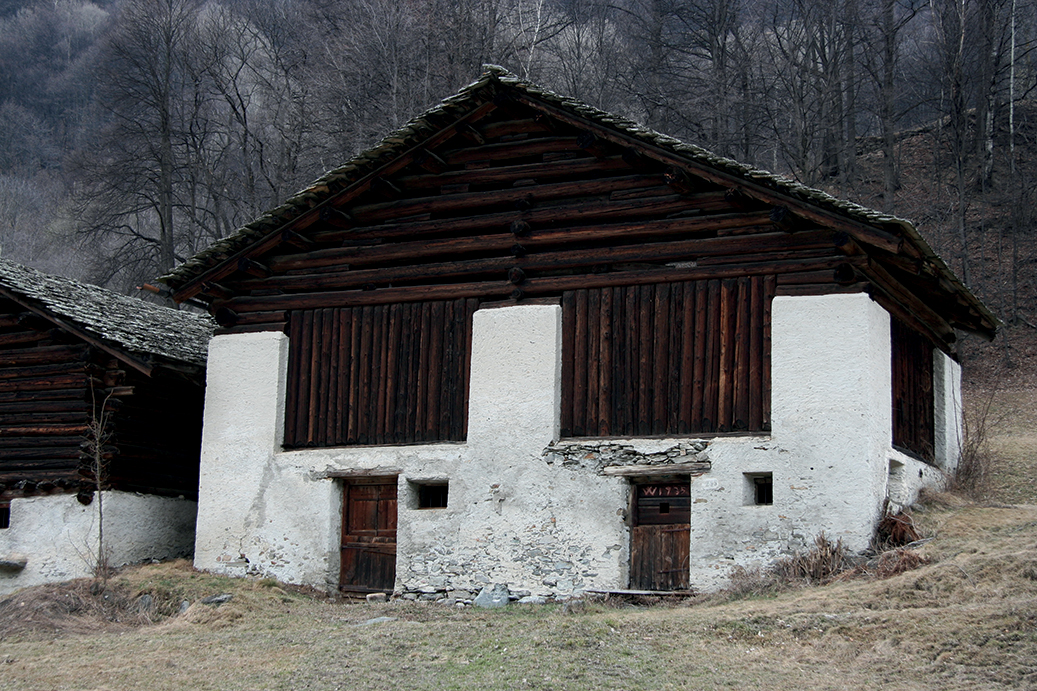 La stalla doppia situata sui prati di Promontogno appartiene a una tipologia rara con timpano sul fronte che accomuna i due rustici. Al momento è concepibile solo la manutenzione ordinaria.