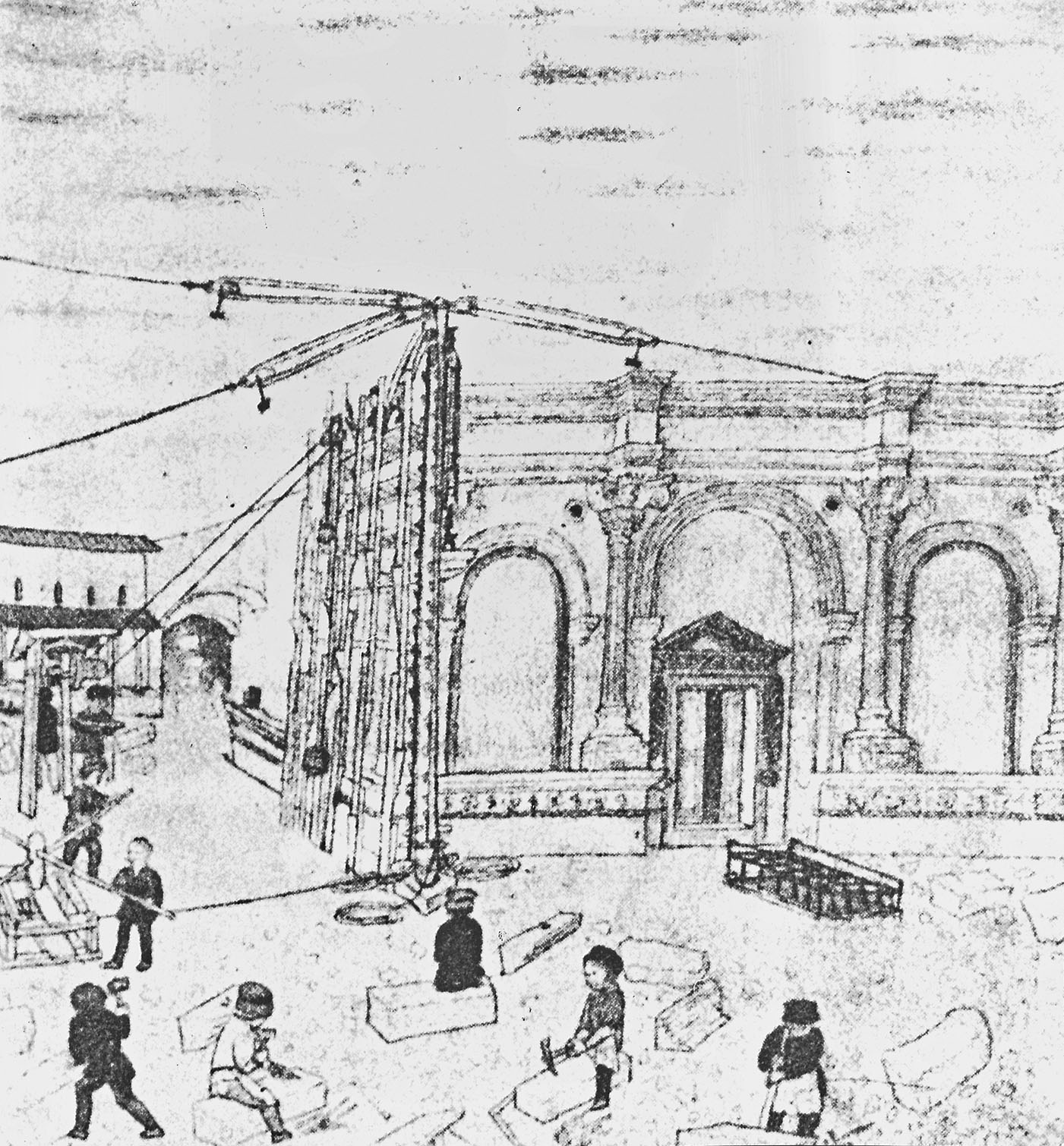 Appunti di viaggio di un artista fiammingo del Quattrocento. Giovanni da Fano, Costruzione del tempio Malatestiano, miniatura dell’Hesperis di Basinio da Parma.