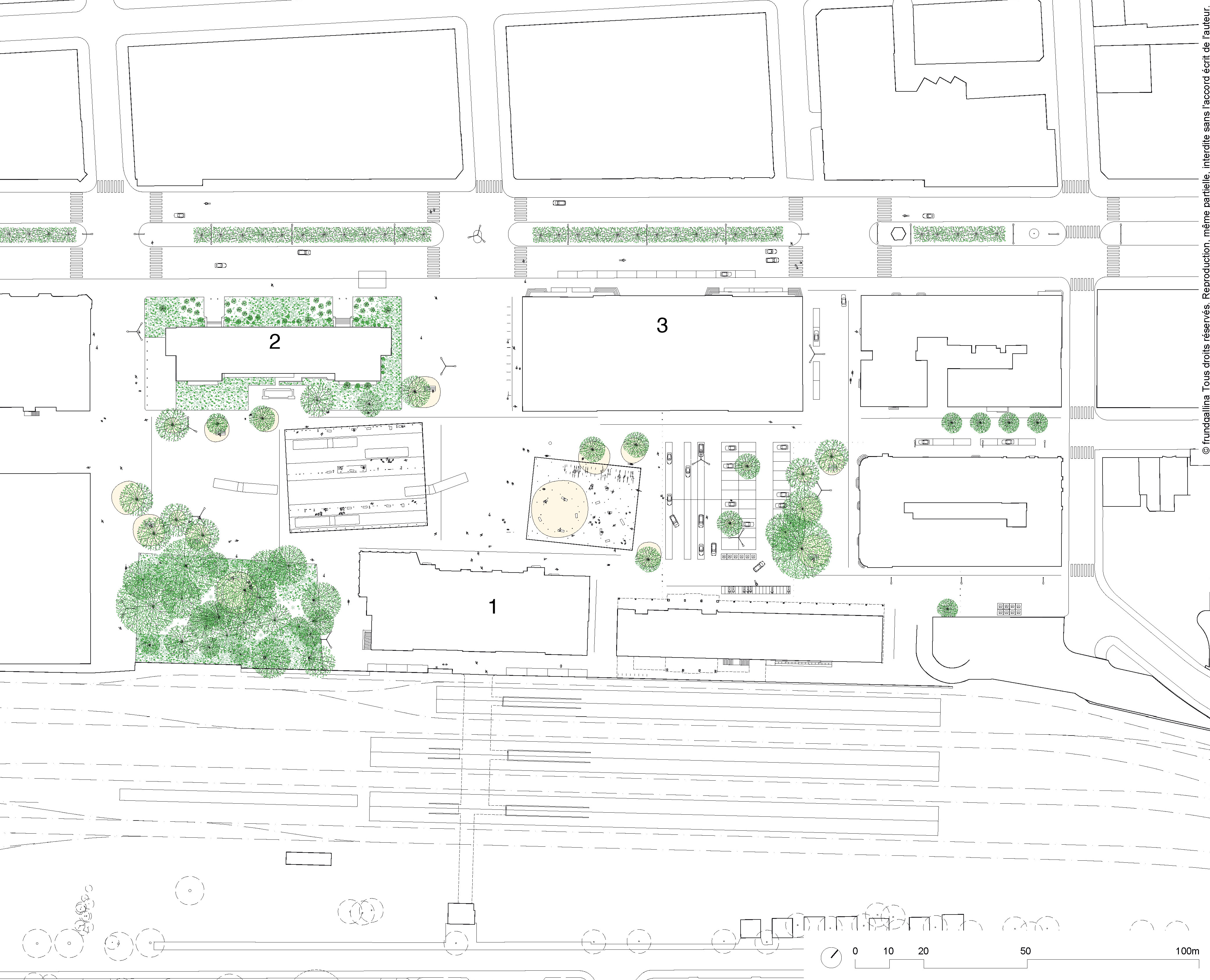 A gauche de la place, le couvert de la gare routière et la partie préservée du parc de la gare. A droite, le couvert polyvalent, la dépose-minute et les stationnements. 1. La gare, 2. l’ancienne Chambre suisse de l’horlogerie, 3. la Poste