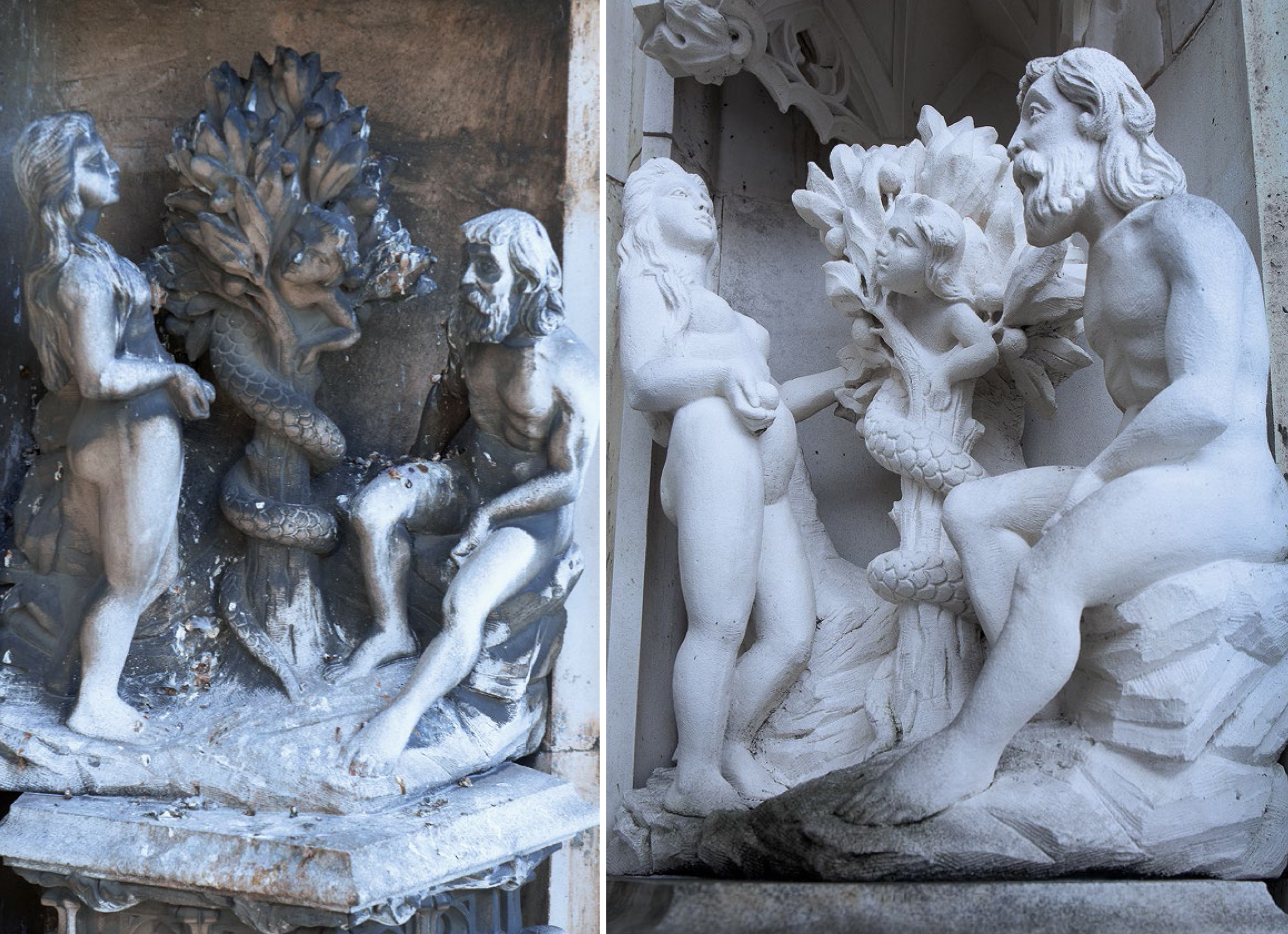 La tentation. Claveau avant et après le nettoyage du portail Montfalcon de la Cathédrale de Lausanne