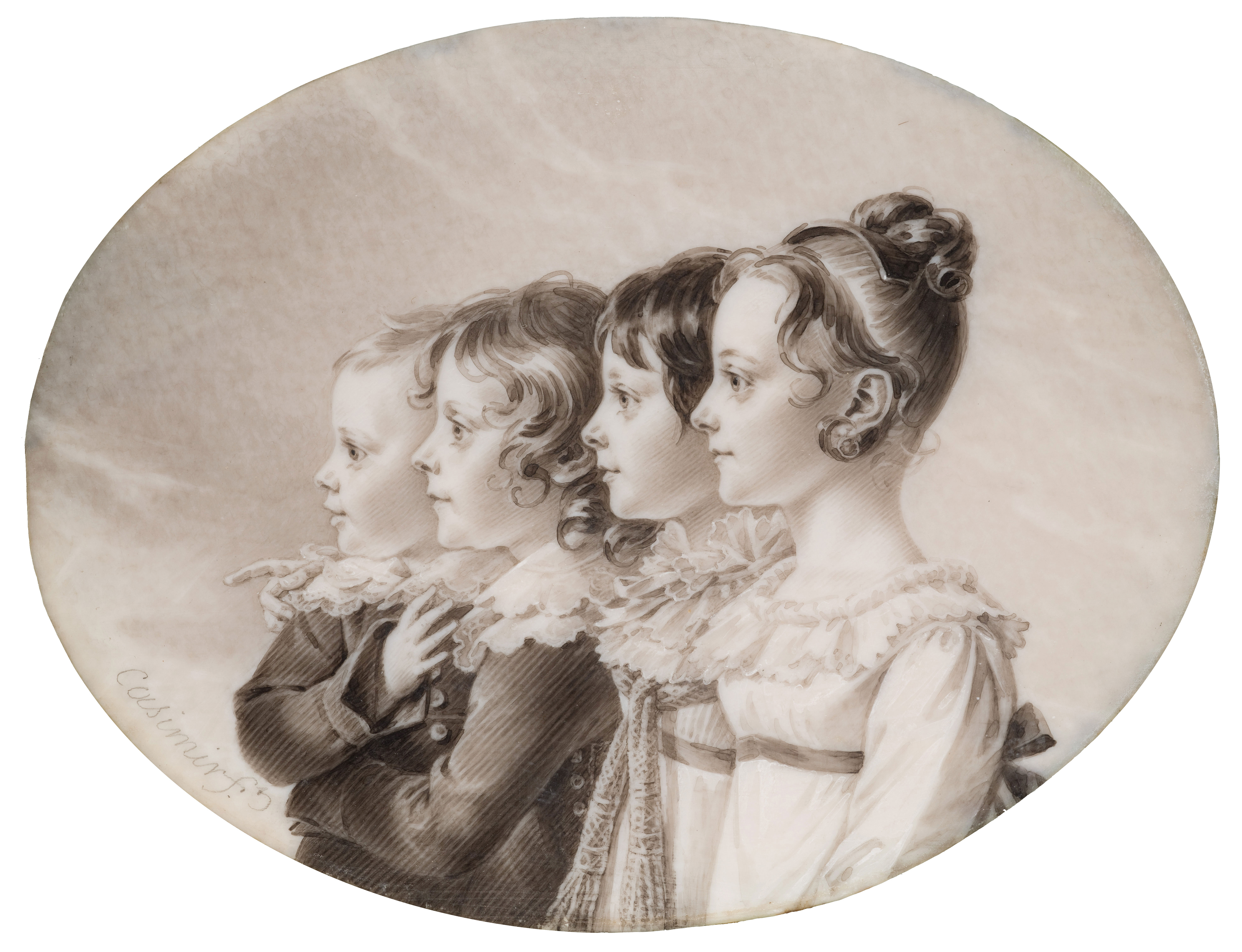 Portrait conjugué de Frédéric, Jacques, Caroline et Colette de Reiset, vers 1818, miniature à l’encre de Chine sur ivoire, 6 8 cm, collection particulière