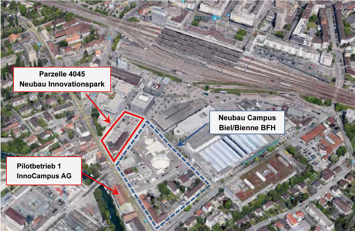 Situation: Der Neubau steht in unmittelbarer Nachbarschaft zum neuen Campus Biel und zum alten Standort.