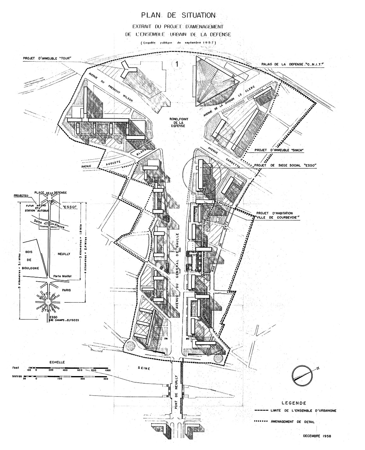Planimetria risalente alla fase iniziale, con il CNIT da poco ultimato (1958): si conservano il Rond Point de la Défense e l’Avenue du Général de Gaulle, mentre il superblock rialzato è ancora di là da venire.
