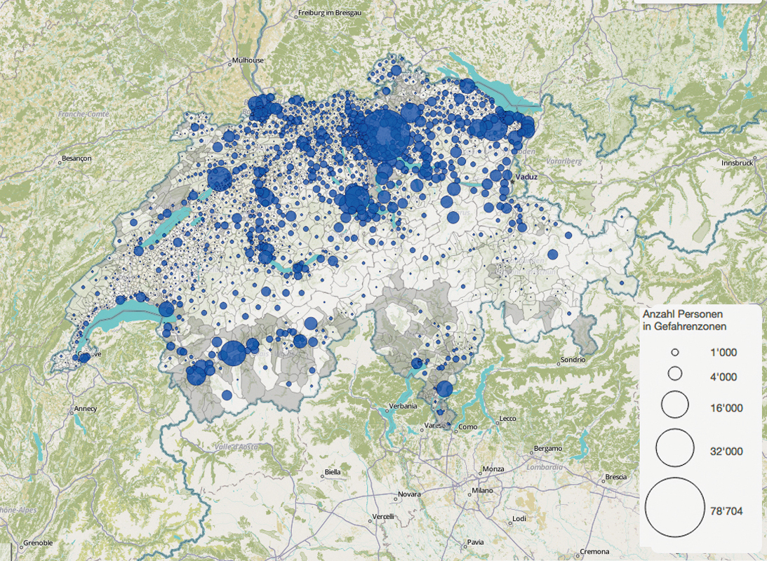 Ansicht aus der Hochwasserrisikokarte der Schweiz: Anzahl der gefährdeten Personen pro Gemeinde.
