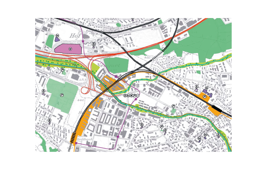 Le site (au milieu en orange) s’inscrit dans une zone difficile au voisinage immédiat de l’autoroute, d’une route nationale et d’un viaduc ferroviaire