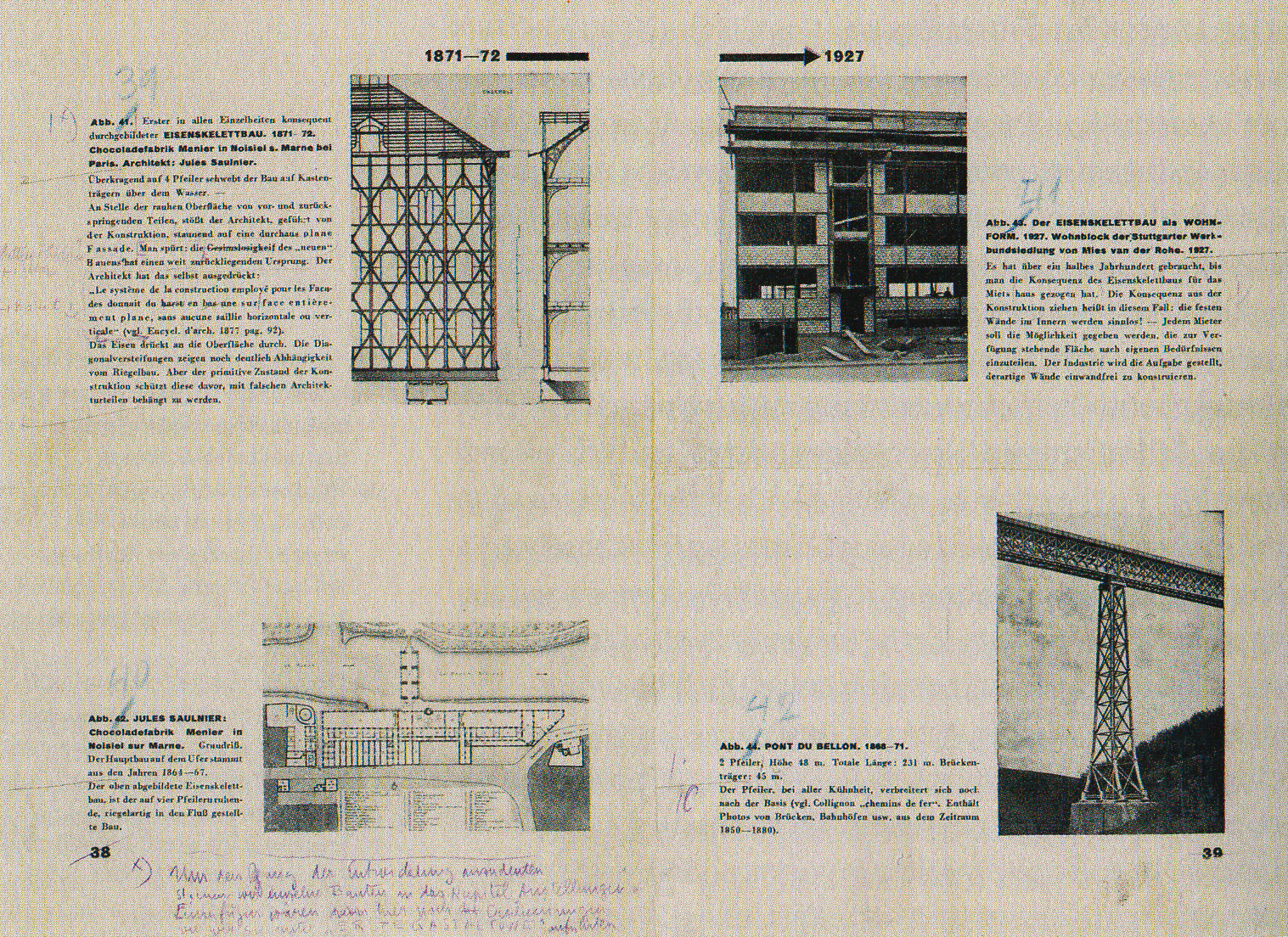 Le livre comme composition : épreuves du Bauen in Frankreich de Siegfried Giedion, vers 1928. La disposition des vignettes dans la mise en page accompagne le discours de l’auteur, centré sur l’évolution historique d’une technique constructive.