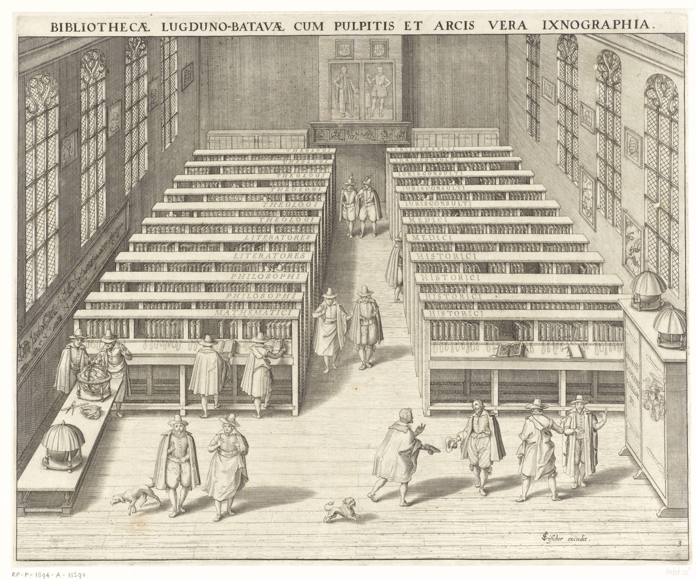 Organisation des collections : bibliothèque de Leyde aux Pays-Bas, gravure de 1610. Les livres sont encore enchaînés aux pupitres. Leur répartition en grands domaines organise l’espace de la bibliothèque, aménagée dans une église à la fin du 16e siècle.