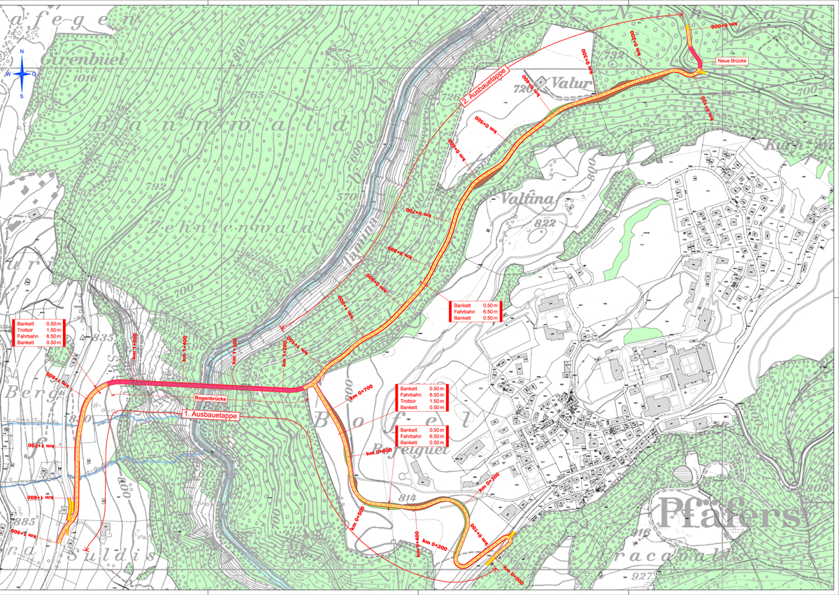 Vorprojekt Valenserstrasse mit Brücke über die Tamina. Umfahrung Pfäfers mit Erschliessungsstrasse Valens (linker Bildrand), Bofelguet (Bildmitte unten) und Valur.