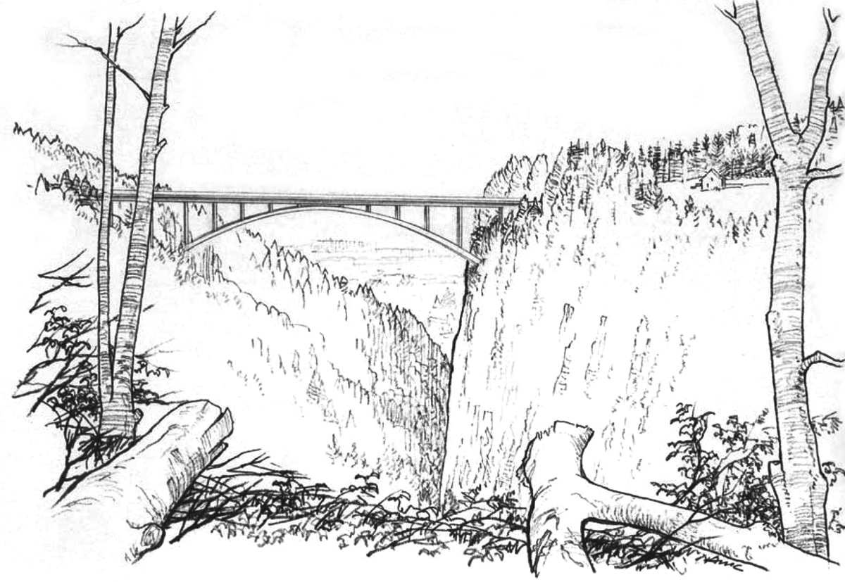 Variantenstudien im Vorprojekt Valenserstrasse für die Konstruktion einer rund 390 m langen und rund 200 m hohen Brücke über die Tamina im Bereich Bofel bei Pfäfers (am linken Brückenende). Ansicht von Nord nach Süd, im Hintergrund wäre in natura der Felsberger Calanda sichtbar: Bogenbrücke...