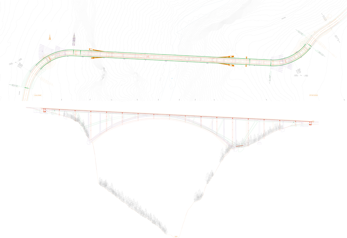 Die vier Projekte aus der Klasse A wurden zur Beurteilung der geometrischen Verhältnisse übereinander gelegt. Während die Positionen der Kämpfer sehr ähnlich sind – nur auf der Seite Valens liegt derjenige des Sieger-projekts TaminaBogen weiter oben –, unterscheiden sich diejenigen der Widerlager deutlich.