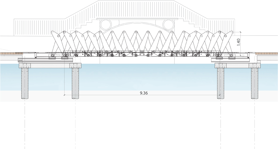 Coupe longitudinale de la passerelle mobile en position basse.