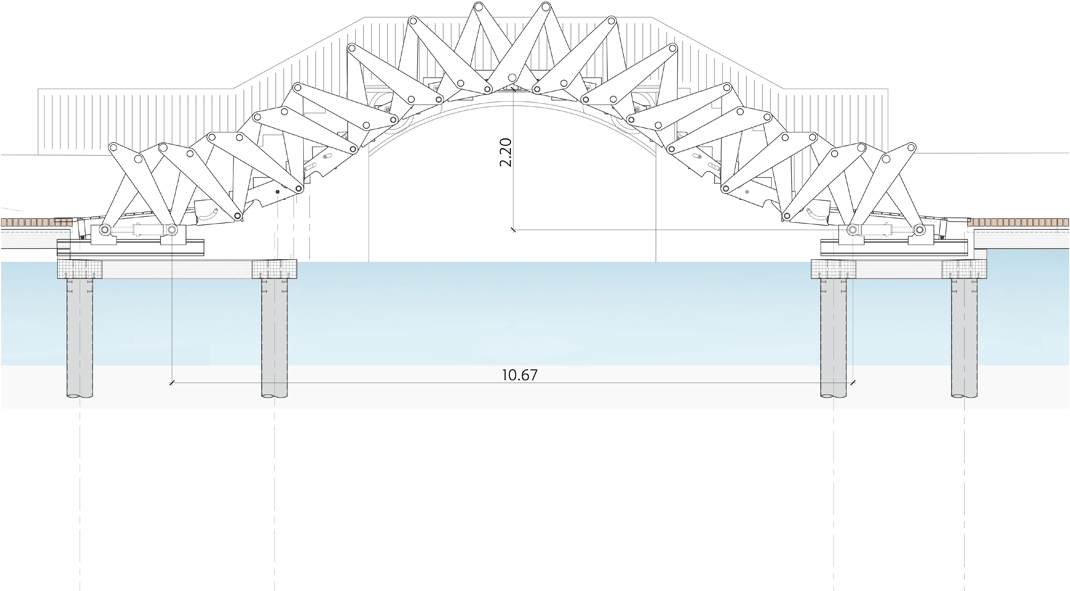 Coupe longitudinale de la passerelle mobile en position haute.