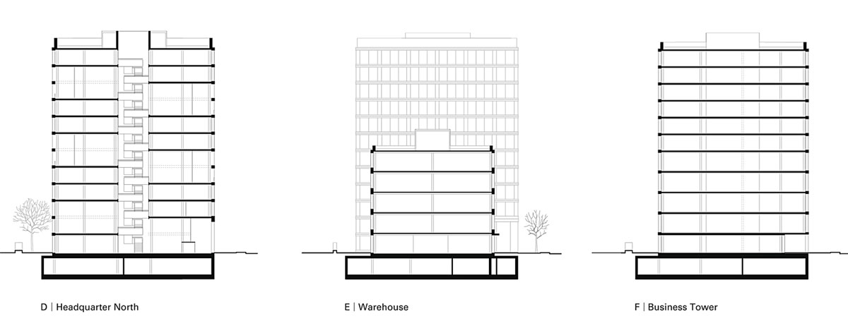 1. Preis: EM2N. Querschnitte (D: Business Tower, E: Warehouse, F: Business Tower)