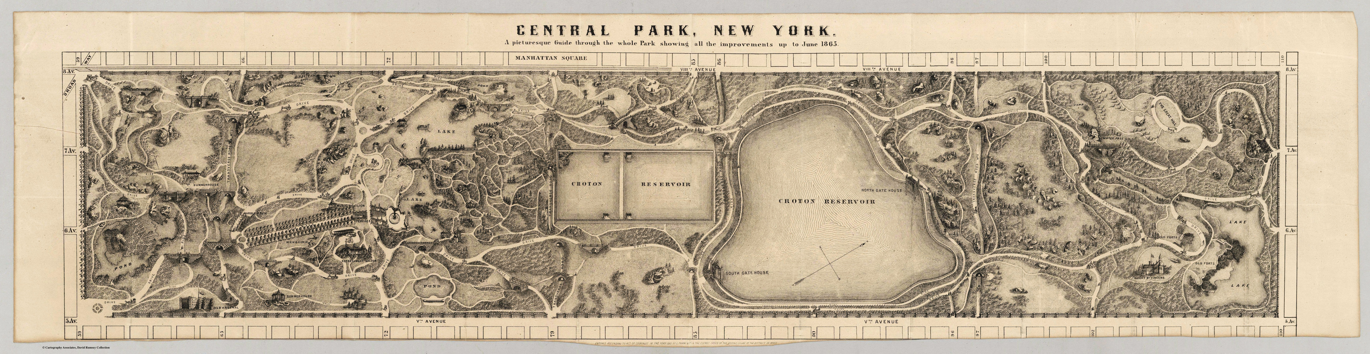 Frederick Law Olmsted et Calvert Vaux ont conçu le parc de Central Park à New York dès 1858, bien avant que les blocs d’habitations ne deviennent une adresse convoitée en bordure de parc. Plan en vue aérienne de 1865 (extrait).