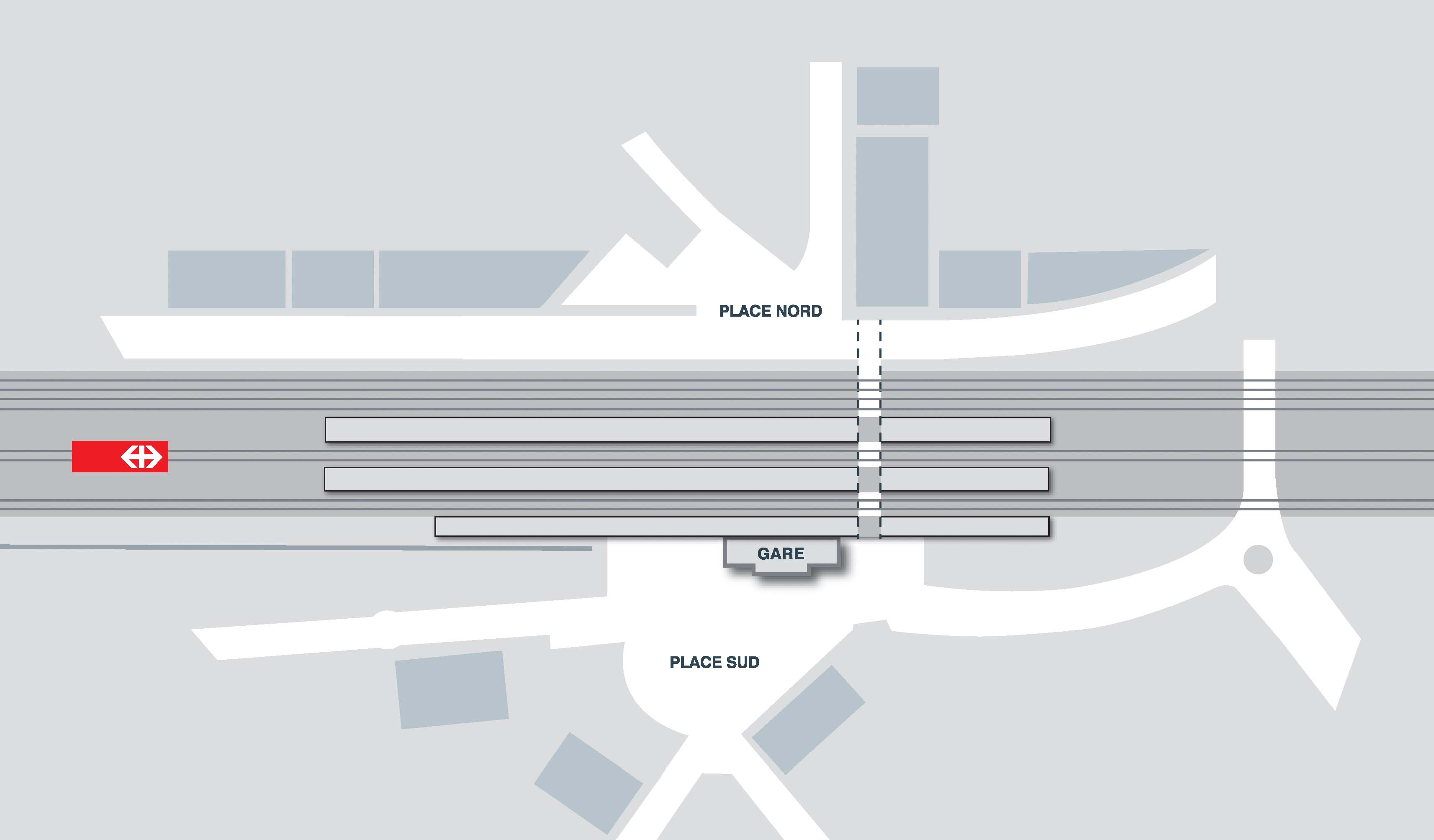 Aujourd’hui : au sud et au nord de la gare, les espaces sont peu qualifiés ; les traversées des voies se limitent à un passage inférieur étroit et sous-dimensionné au regard des flux qu’il accueille quotidiennement.