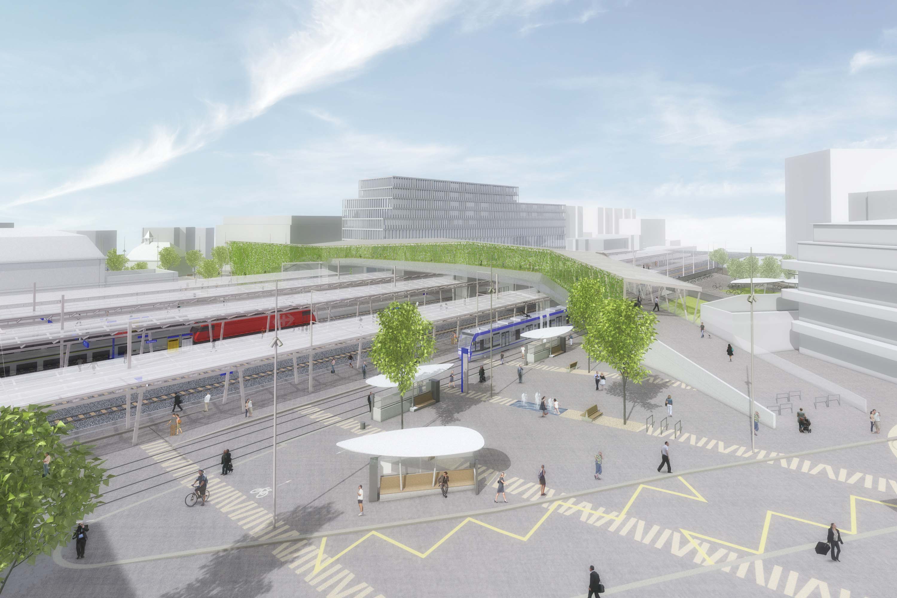 Demain : en 2007, les quatre communes riveraines de la gare décident de lancer un concours de projets sur la gare de Renens et ses abords, en partenariat avec le Canton de Vaud, les CFF et les tl. Le projet « Rayon Vert », qui trace un trait d’union symbolique entre le nord et le sud, est lauréat. Outre la passerelle et les espaces publics qui assurent la qualité de l’opération, facilitent l’accessibilité et redonnent de l’espace aux mobilités douces, les CFF interviennent sur l’infrastruc