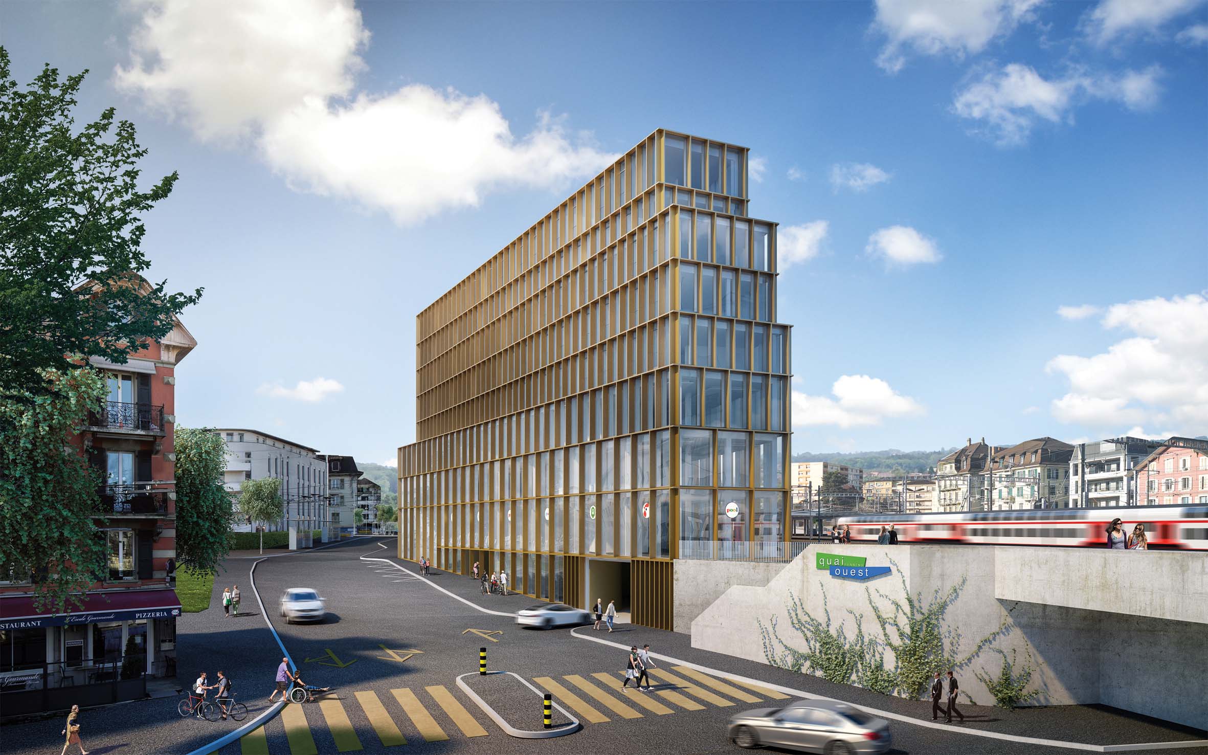 En 2013, CFF Immobilier lance un concours sur son foncier situé le long des voies, au sud de la gare. Dans ce projet baptisé « Quai Ouest », le bâtiment de la gare est rénové et deux nouveaux immeubles mixtes (commerces, bureaux et logements) sont construits de part et d’autre. A l’ouest, huit étages et un niveau de sous-sol, et à l’est, neuf étages et six niveaux de sous-sol, un parking de 160 places, 30 places vélo et 300 places en vélostation publique.