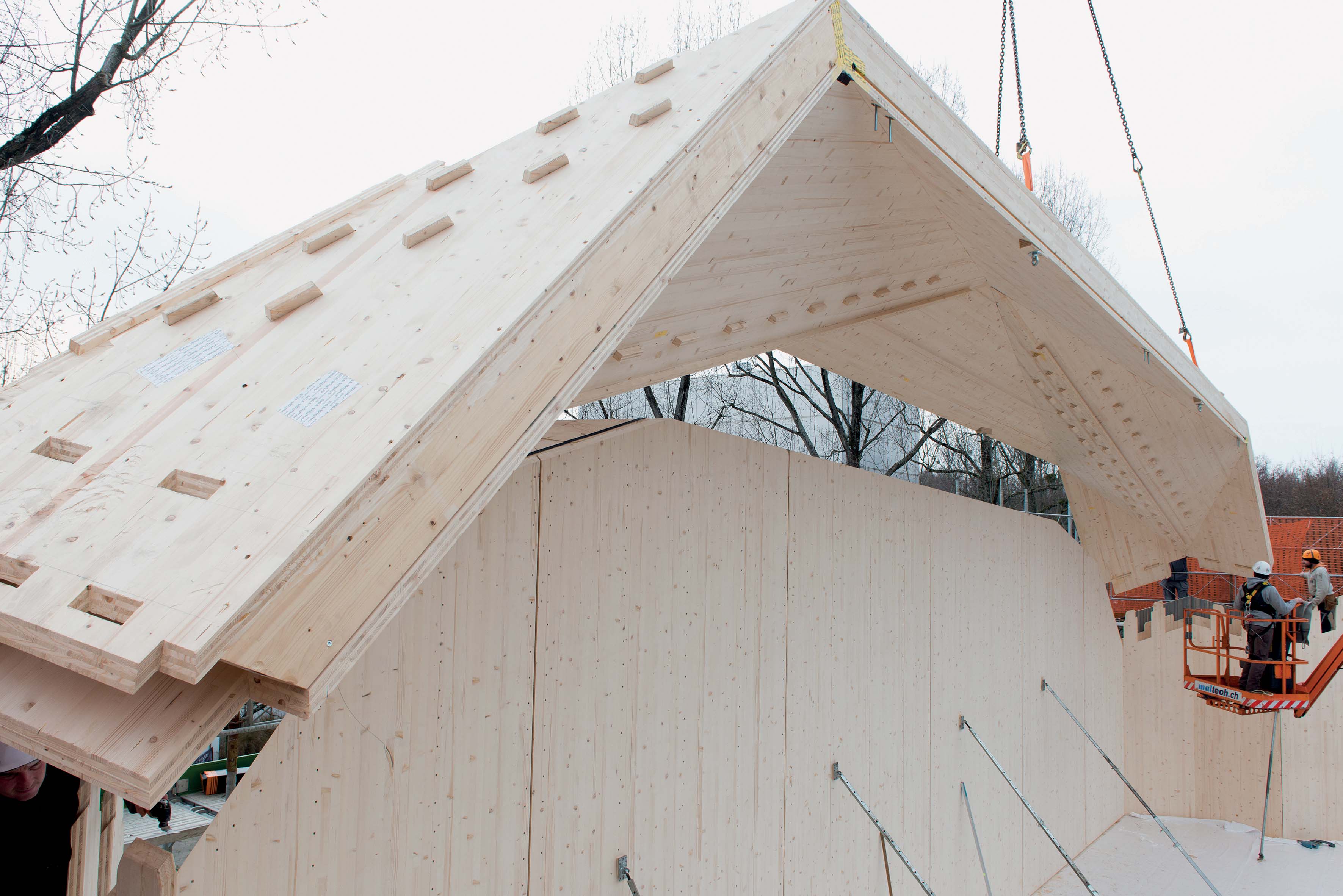 Pose de la première arche du pavillon, 6 janvier 2017