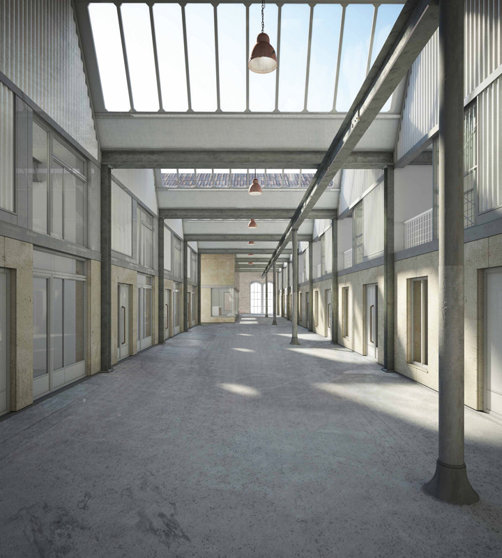 Die Shedhalle «Schappe» mit den eingebauten, von der Fassade abgelösten Räumen.