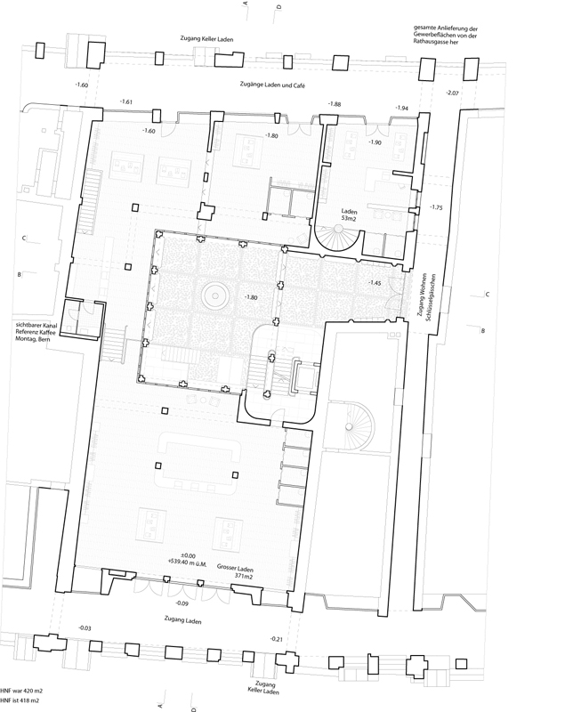 Buol &amp; Zünd: Erdgeschoss mit durchgehender Gewerbefläche von der Kramgasse zur Rathausgasse und zwei weiteren Läden an der Rathausgasse.