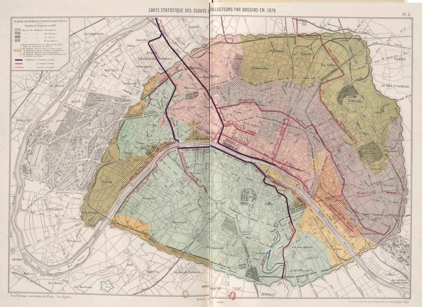 Plan des égouts de Paris en 1889, d’après Jean-Charles Adolf Alphand, Les Travaux de Paris 1789-1889